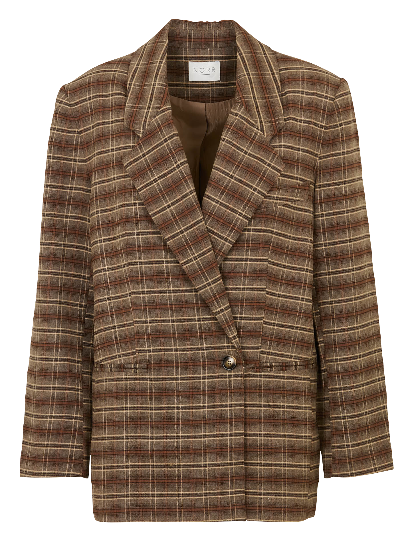 Oversized blazer jacket with a checked lapel. NORR Brown