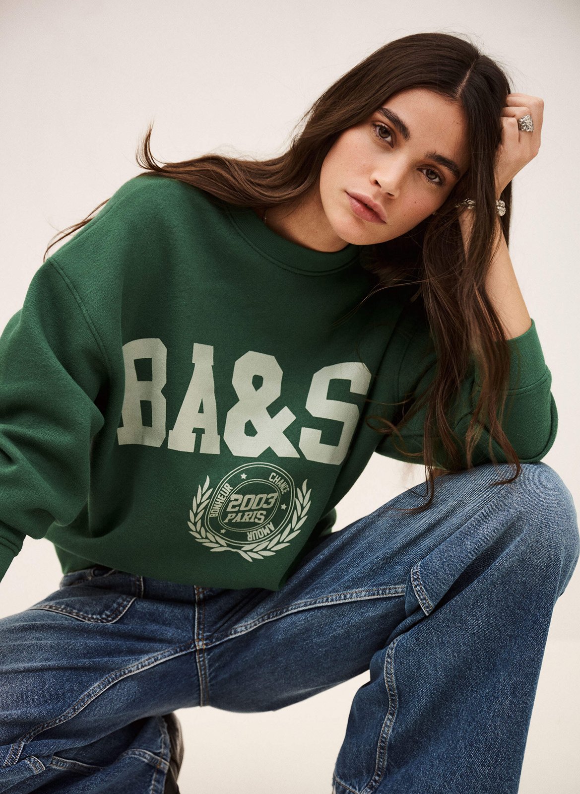 Wijde sweater van katoenblend met zeefdruk BA&SH Groen