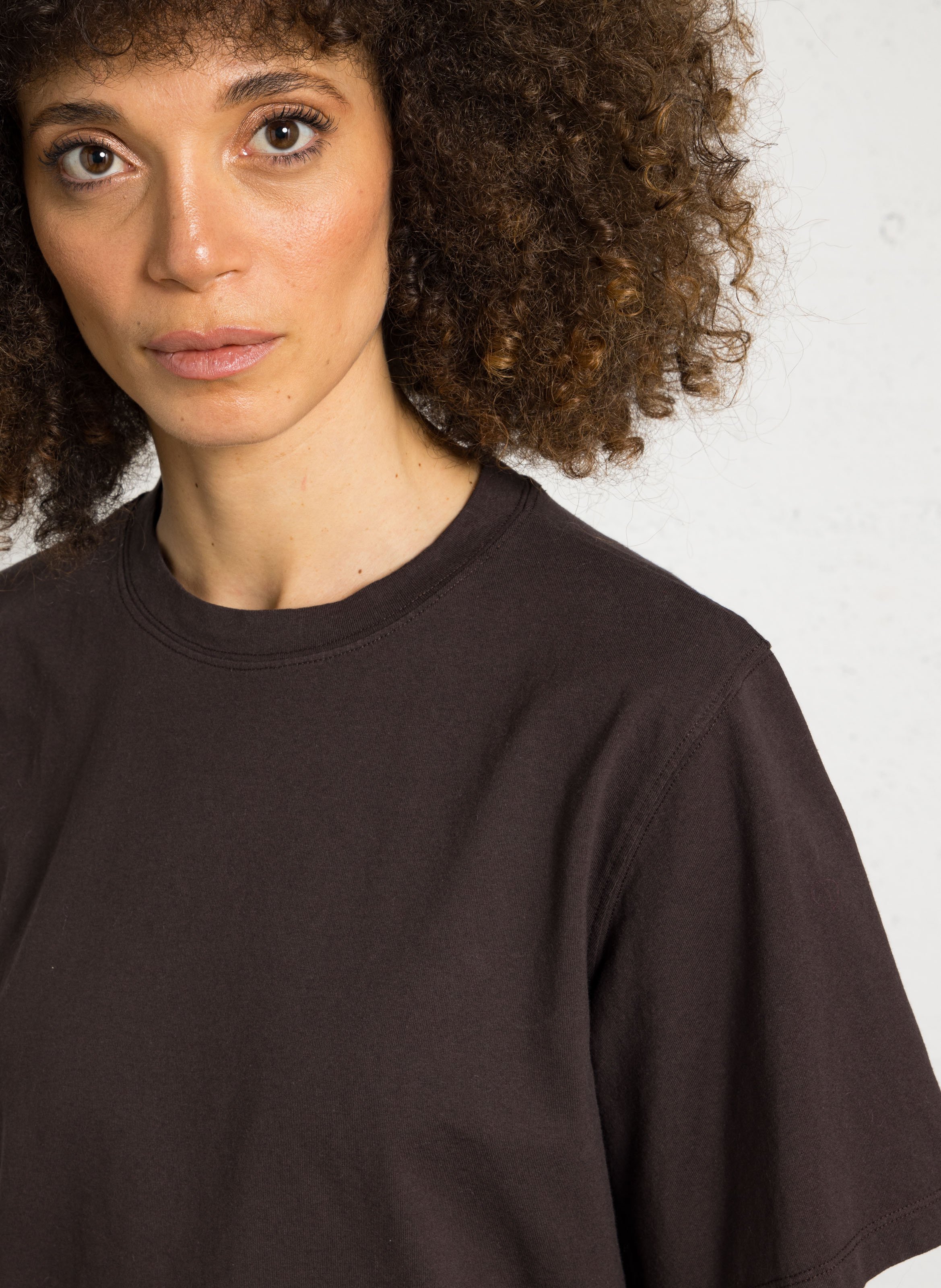 Tee-shirt boxy cropped col rond en coton DES PETITS HAUTS Marron