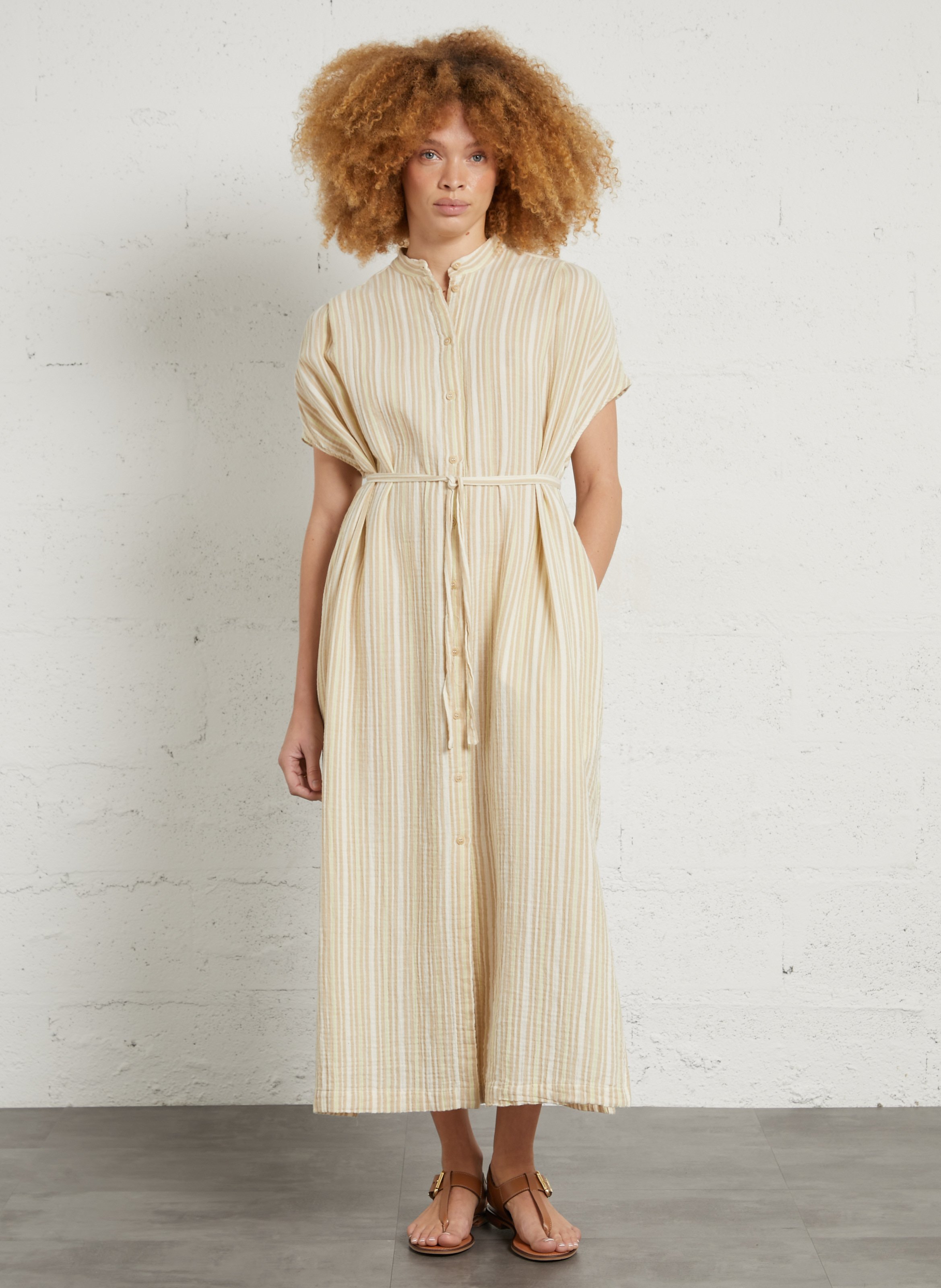 Robe longue à rayures col rond  MASSCOB Beige