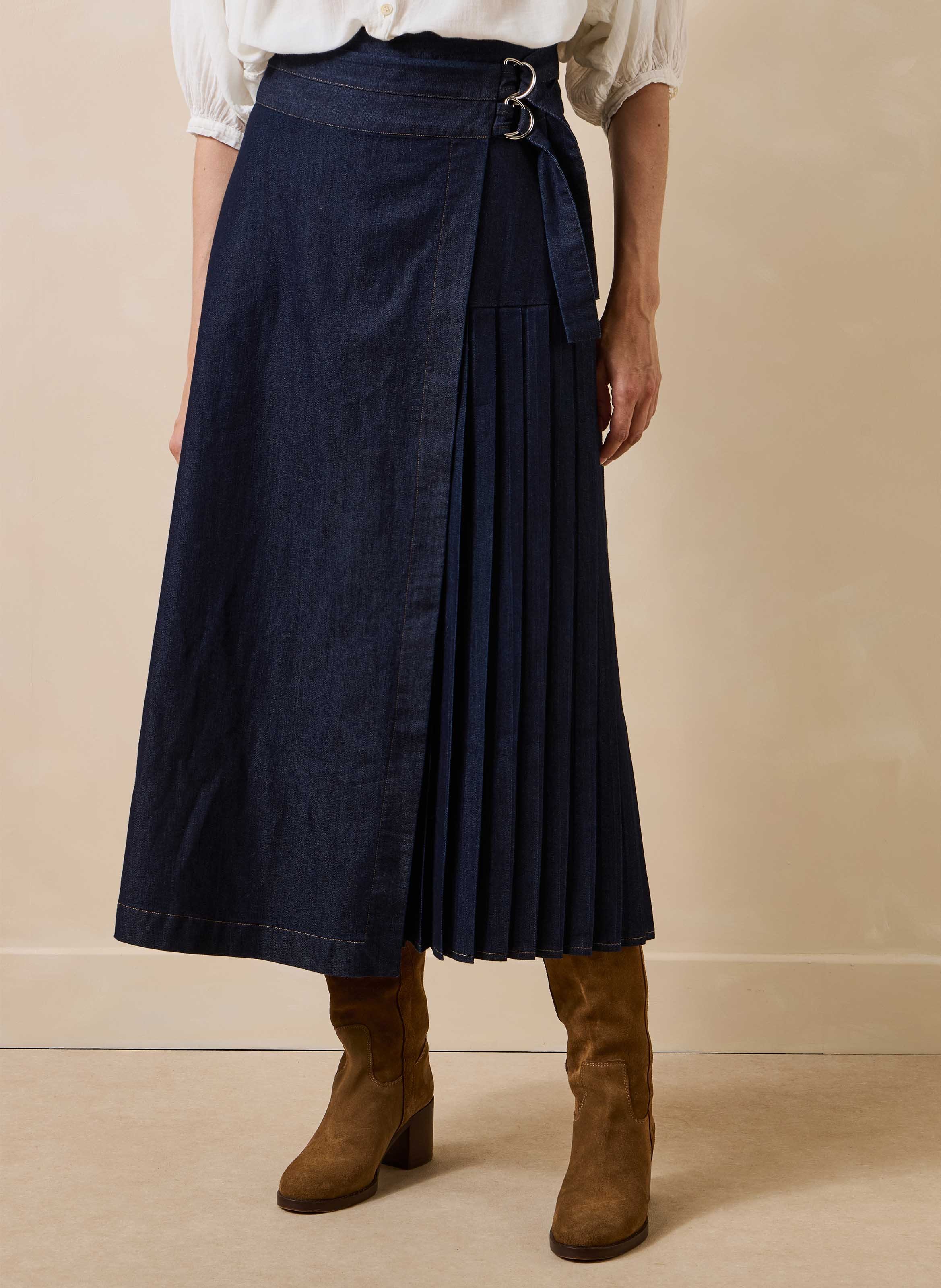 Jupe portefeuille midi en denim de coton mélangé LA FEE MARABOUTEE