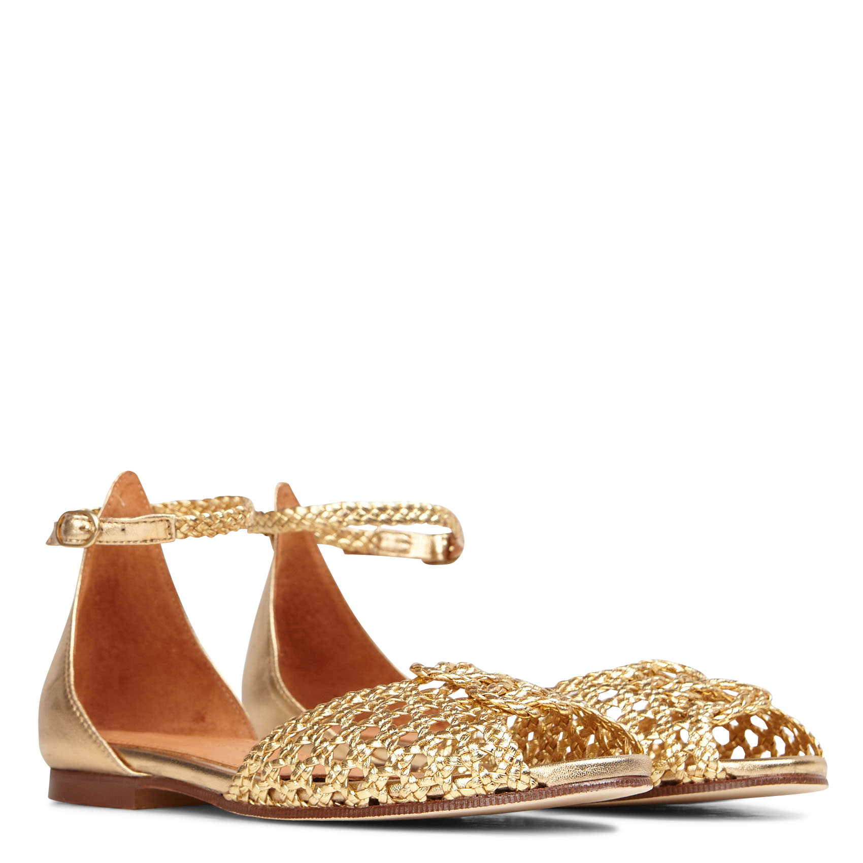 Platte, glanzende, leren sandalen met gevlochten riempjes ANONYMOUS COPENHAGEN Goudkleurig