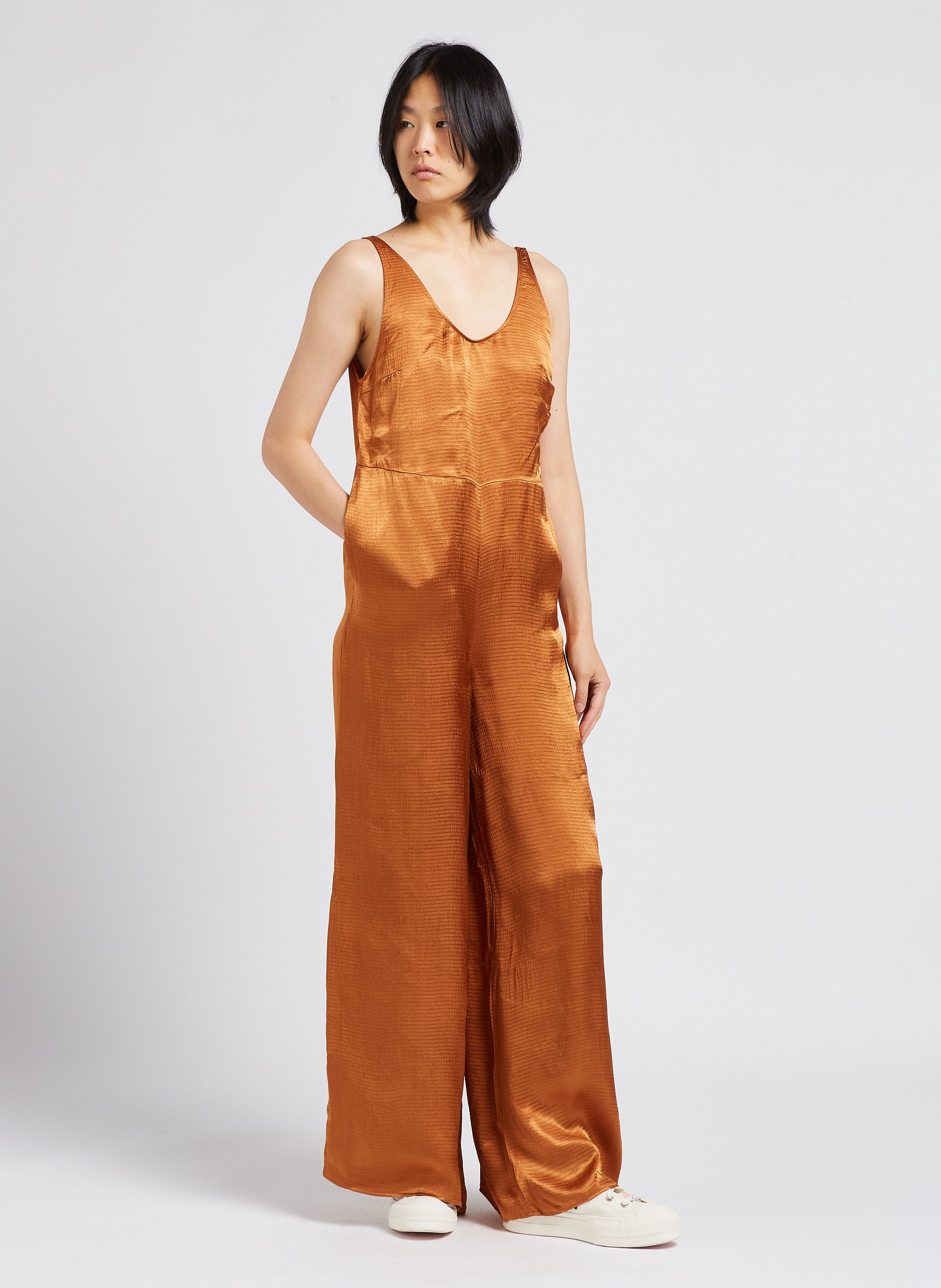 Orange Satiny V-neck jumpsuit