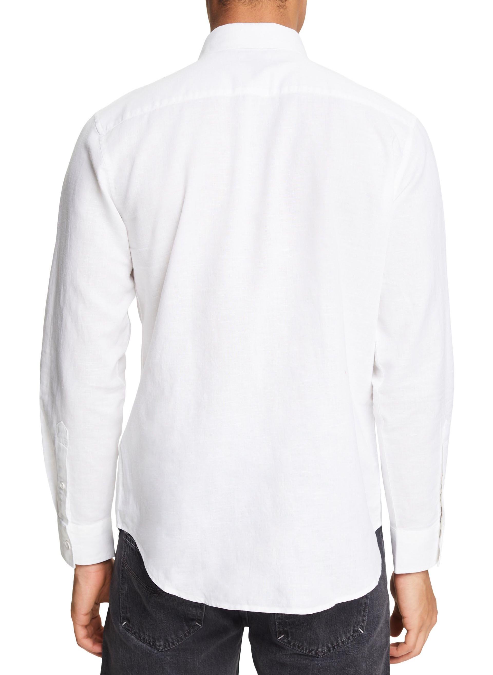 Chemise col classique droite en lin et coton mélangé Blanc