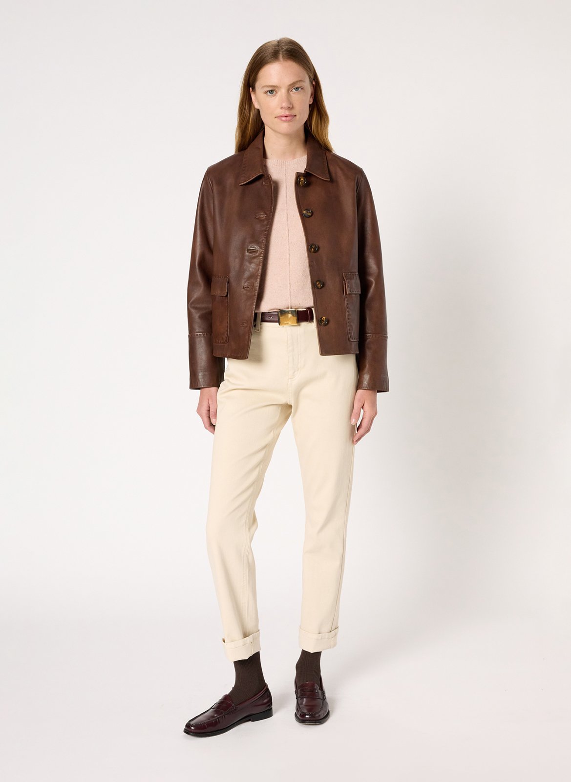 Veste col classique en cuir GERARD DAREL Marron