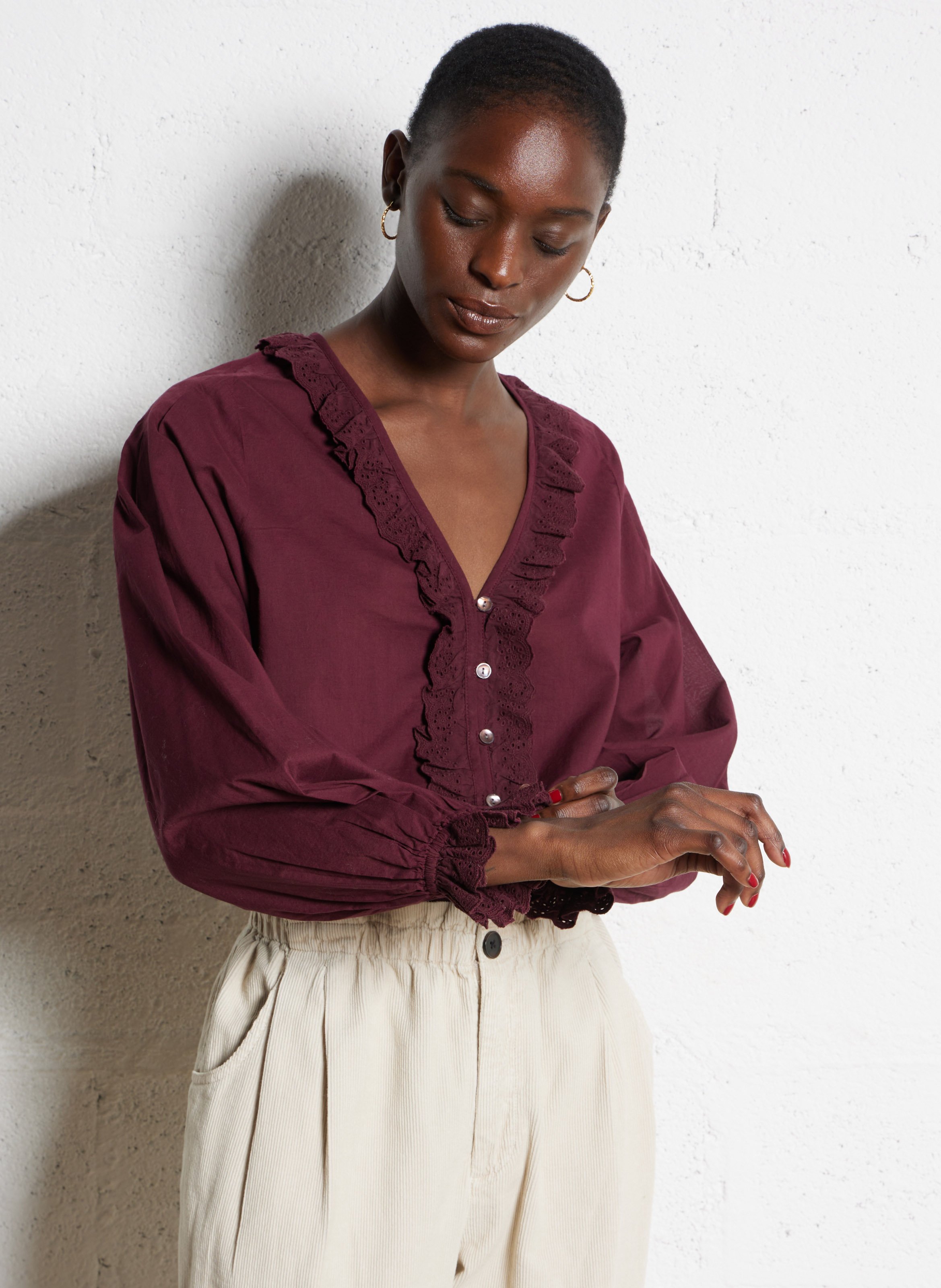 Cotton V-neck blouse DES PETITS HAUTS Purple