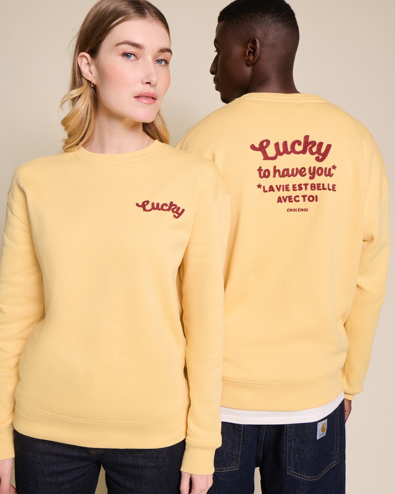 Le sweat lucky is to have you adulte en coton bio EMOI EMOI Jaune