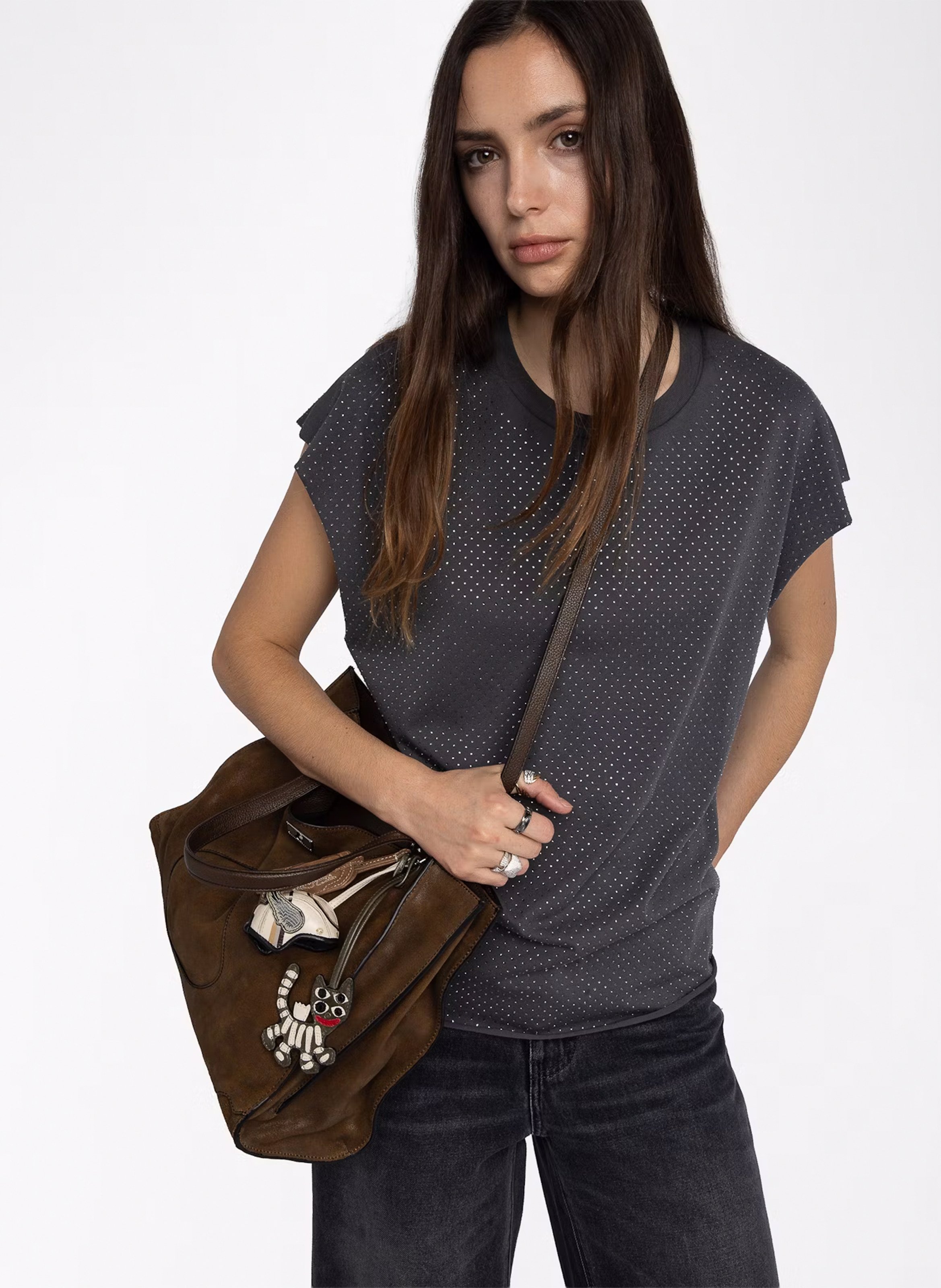 Straight round neck T-shirt with rhinestones ZADIG&VOLTAIRE Grey