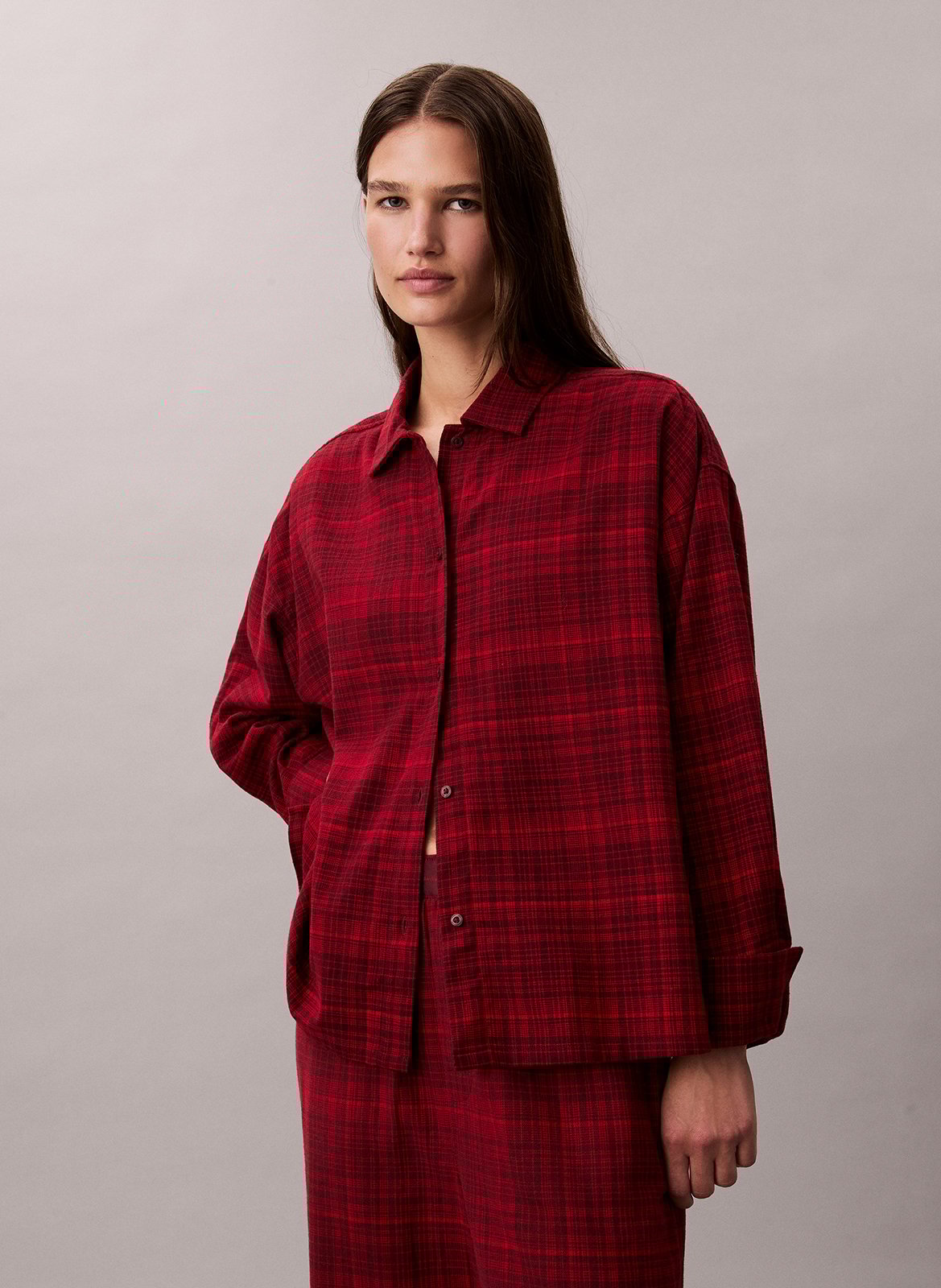 Chemise de nuit droite col classique en coton imprimé CALVIN KLEIN UNDERWEAR Rouge