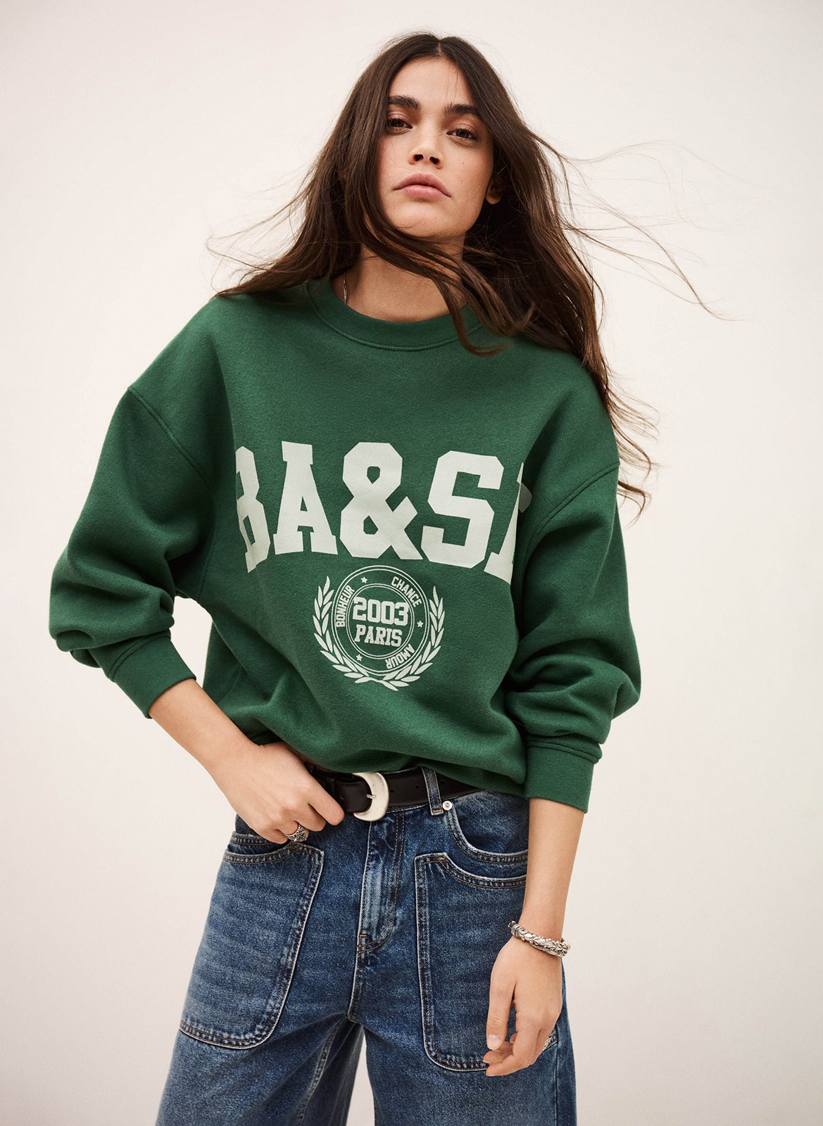 Wijde sweater van katoenblend met zeefdruk BA&SH Groen