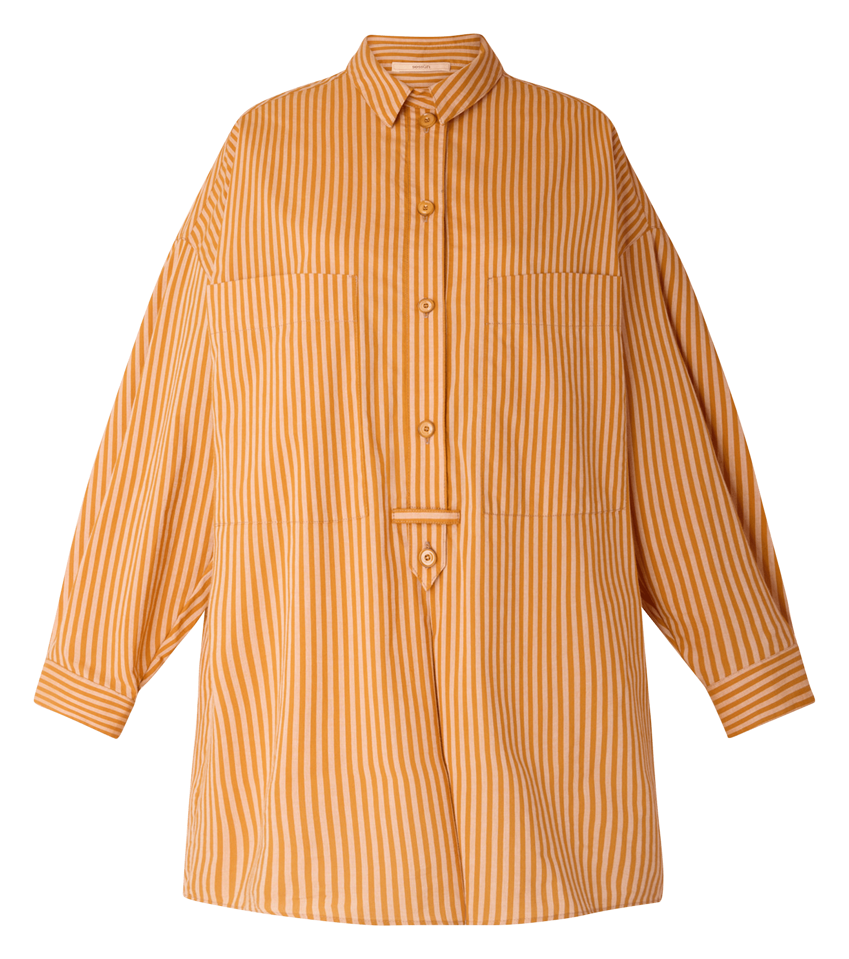 Weite Hemdblusenkleid mit klassischem Kragen aus gestreifter Baumwolle. SESSUN Orange