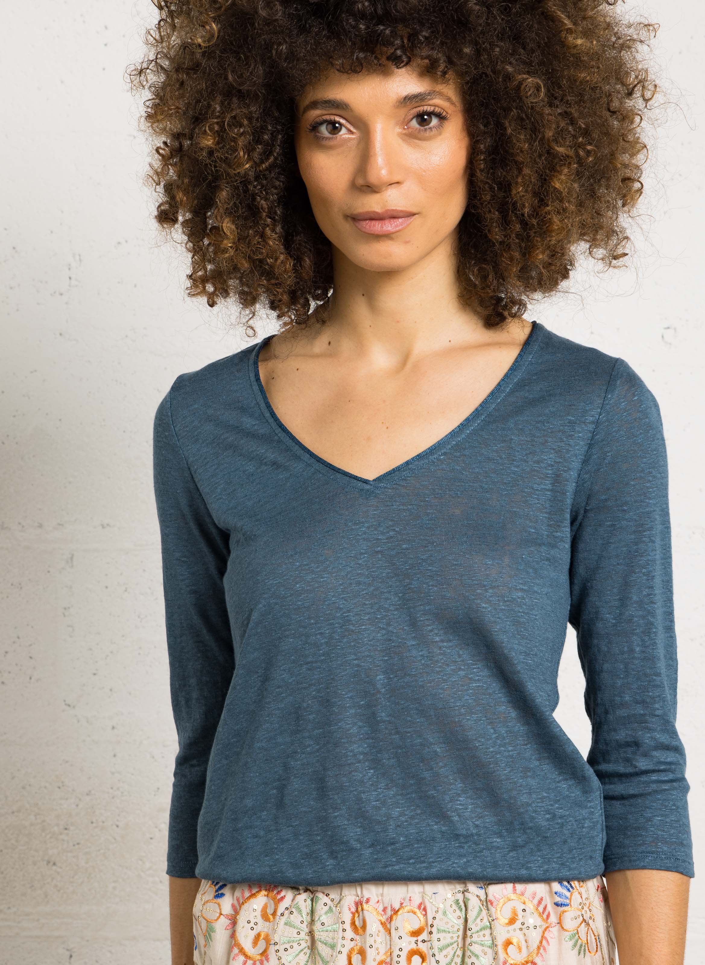 Tee-shirt col V chiné en lin  SUD EXPRESS