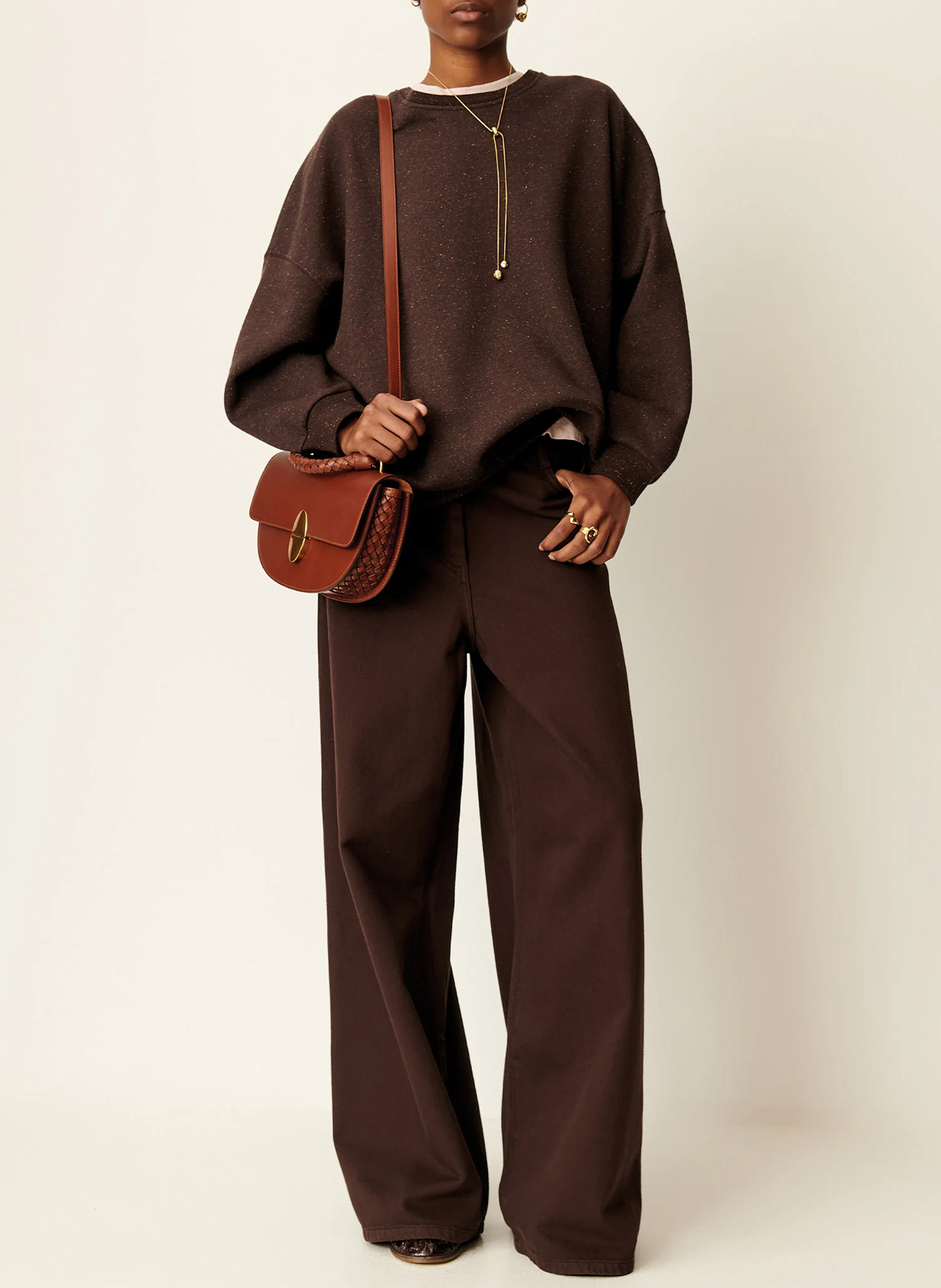 Weites, meliertes Rundhals-Sweatshirt aus Bio-Baumwoll-Mix SESSUN Braun