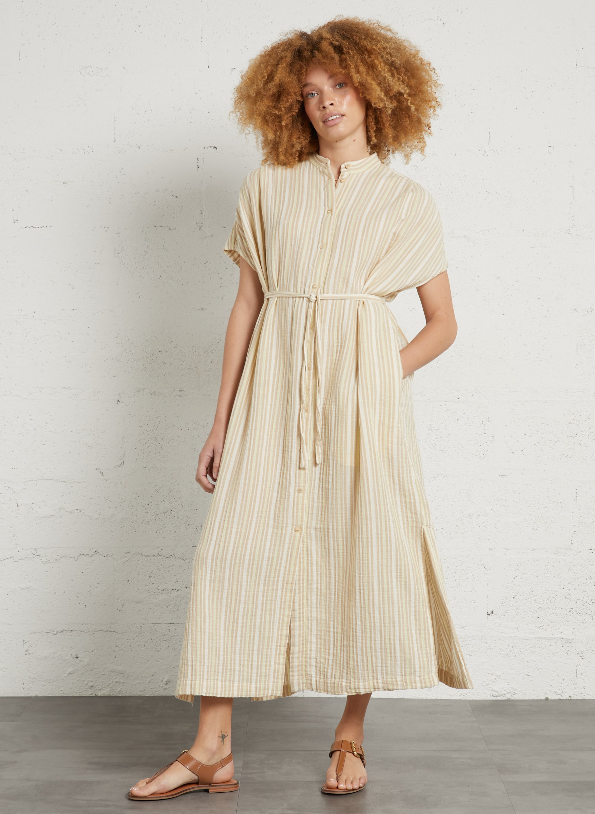 Robe longue à rayures col rond  MASSCOB Beige