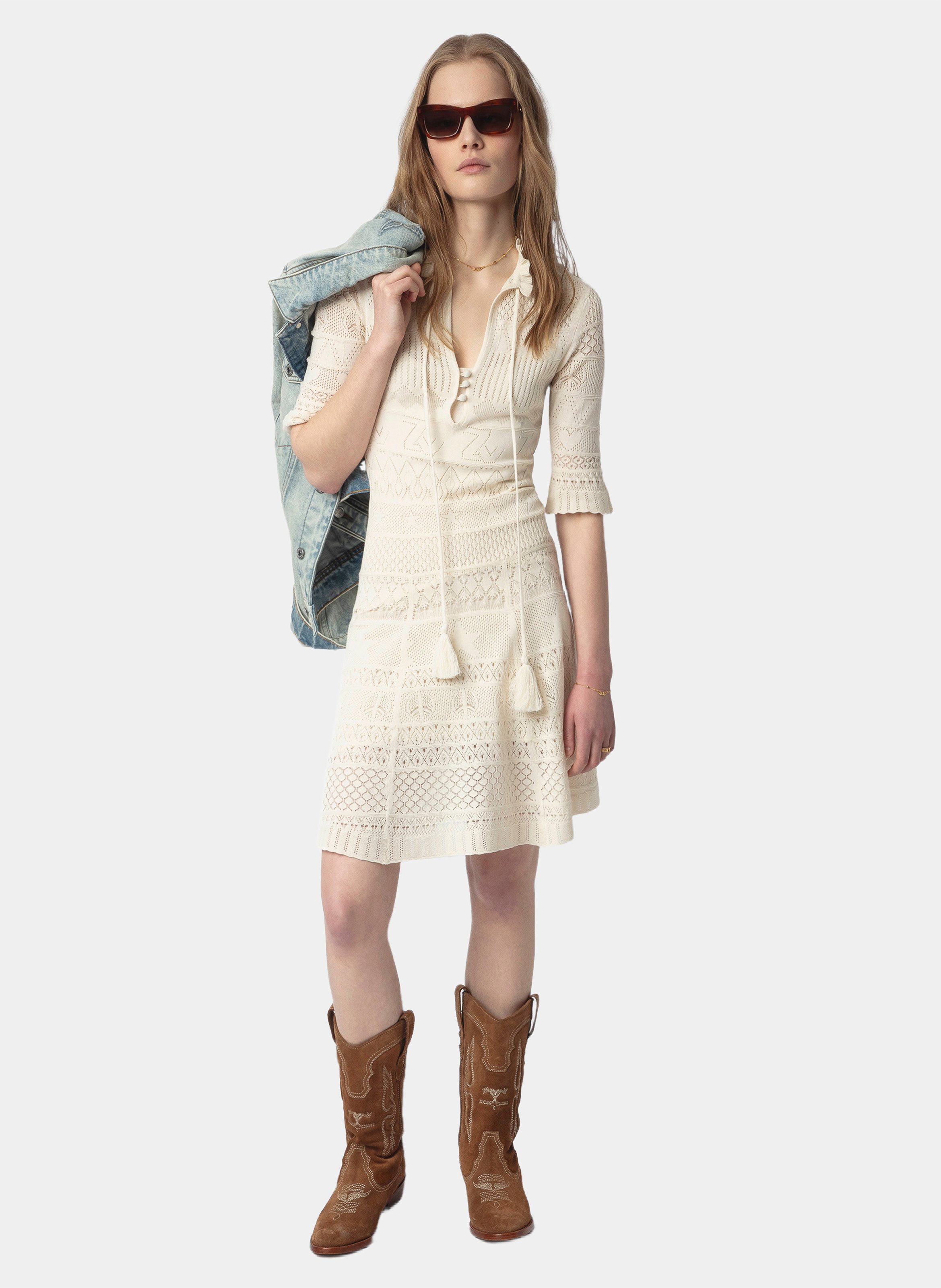 Robe courte décolleté v en coton ZADIG&VOLTAIRE Blanc