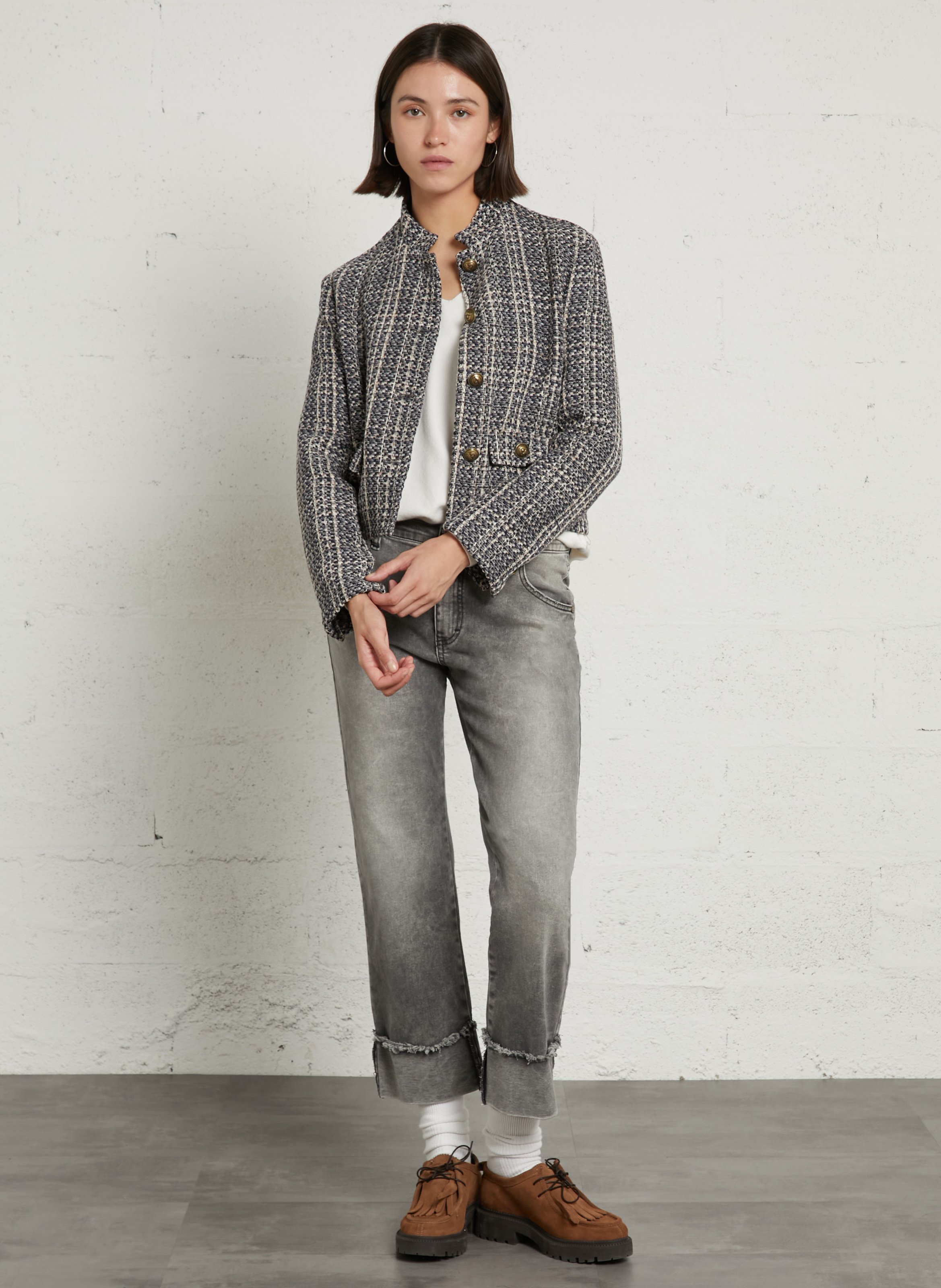 High-neck cotton-blend jacket PLEASE Grey