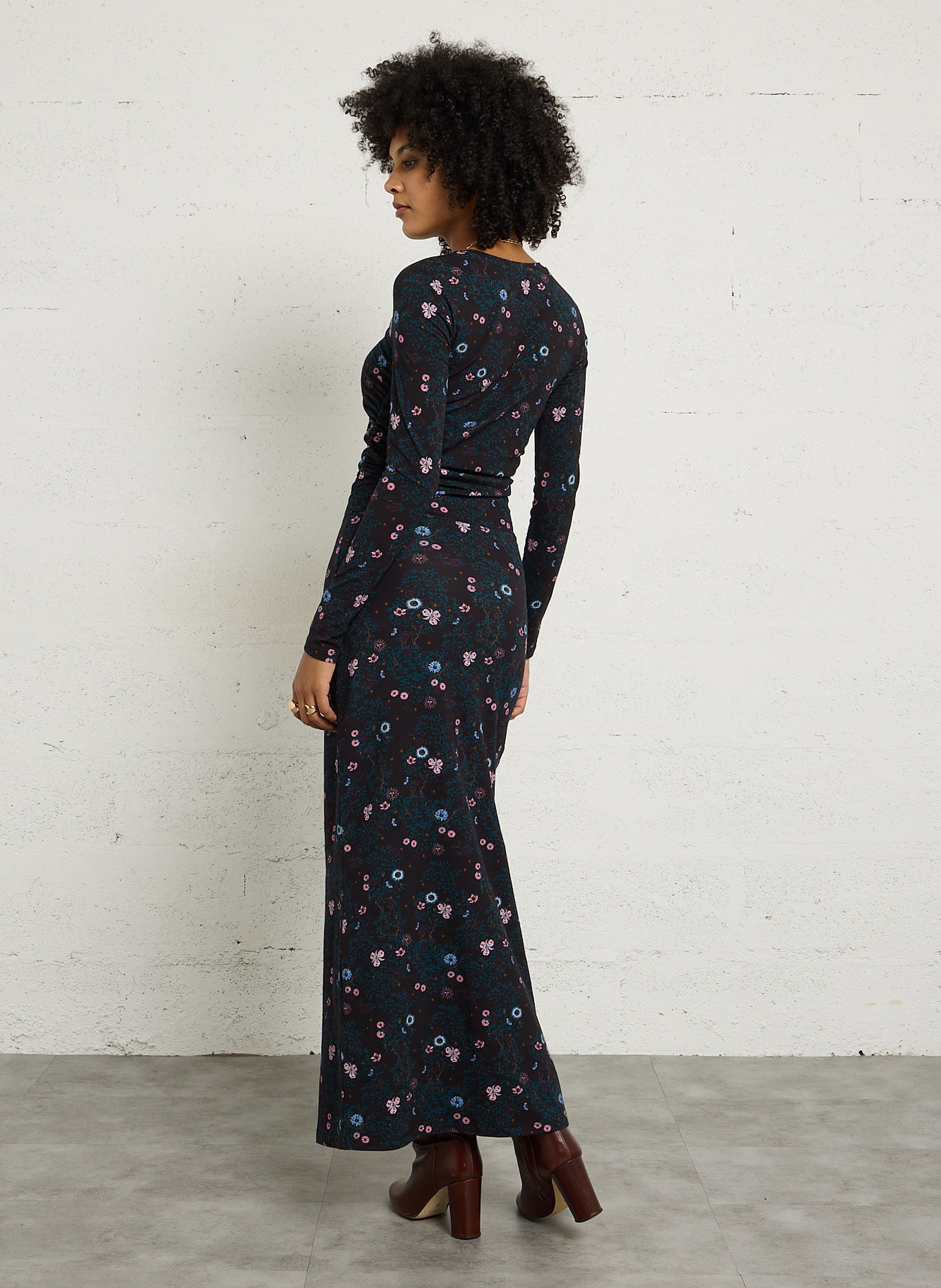 Eng anliegendes bedrucktes Baumwollmischkleid DES PETITS HAUTS Schwarz
