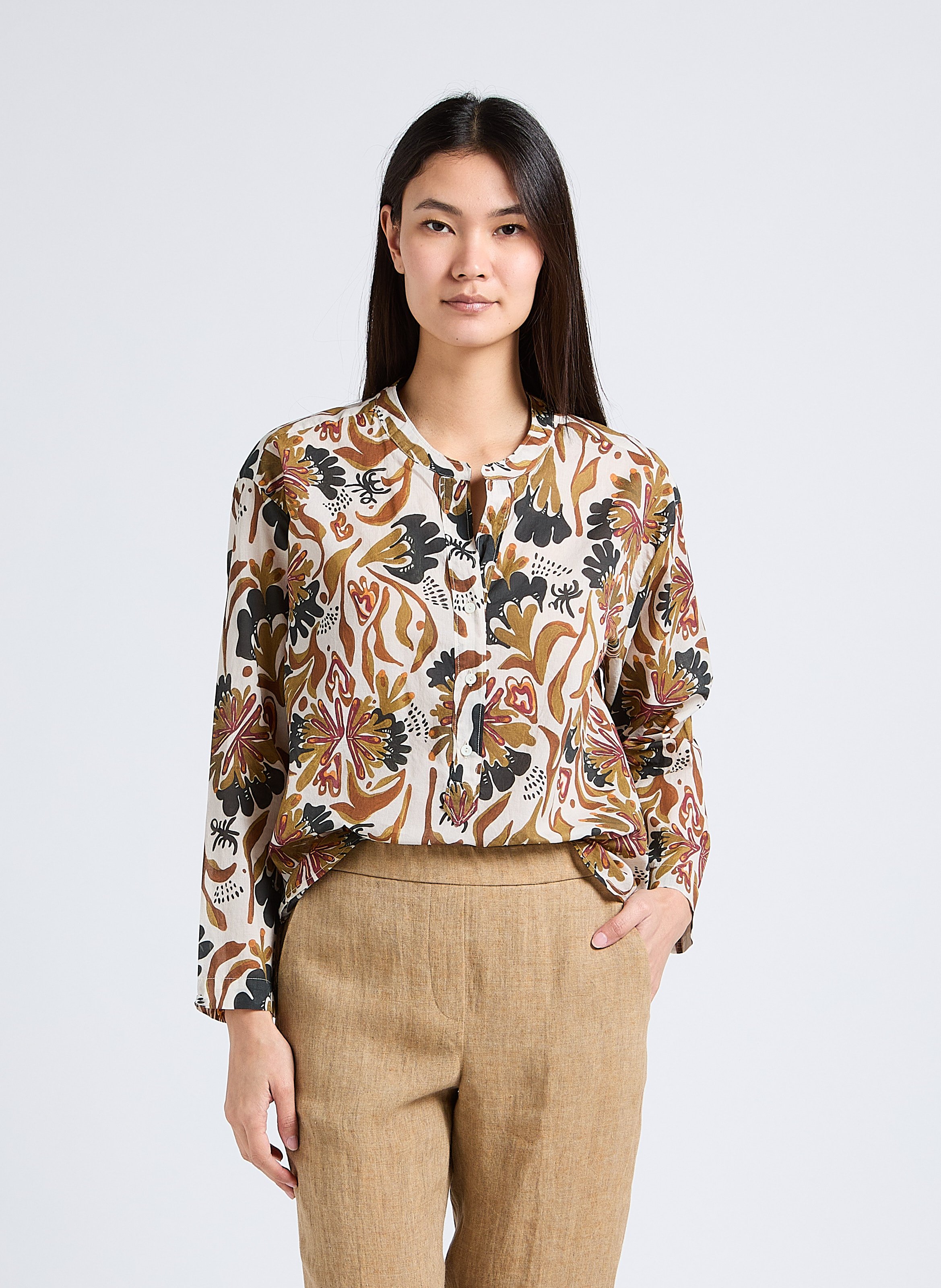 Chemise ample col tunisien en coton imprimé DIEGA Vert