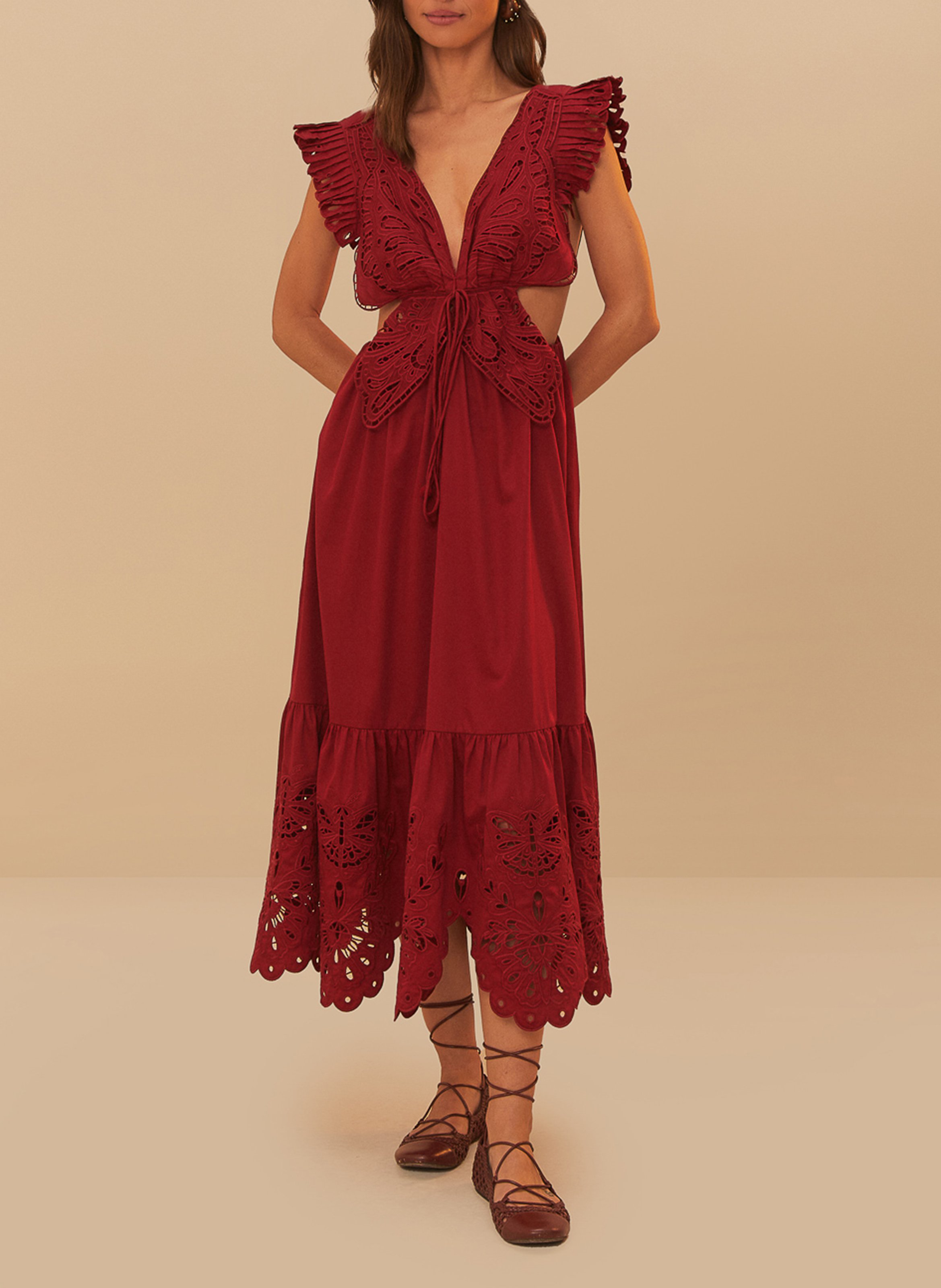 Fitted long dress with embroidery FARM RIO Red
