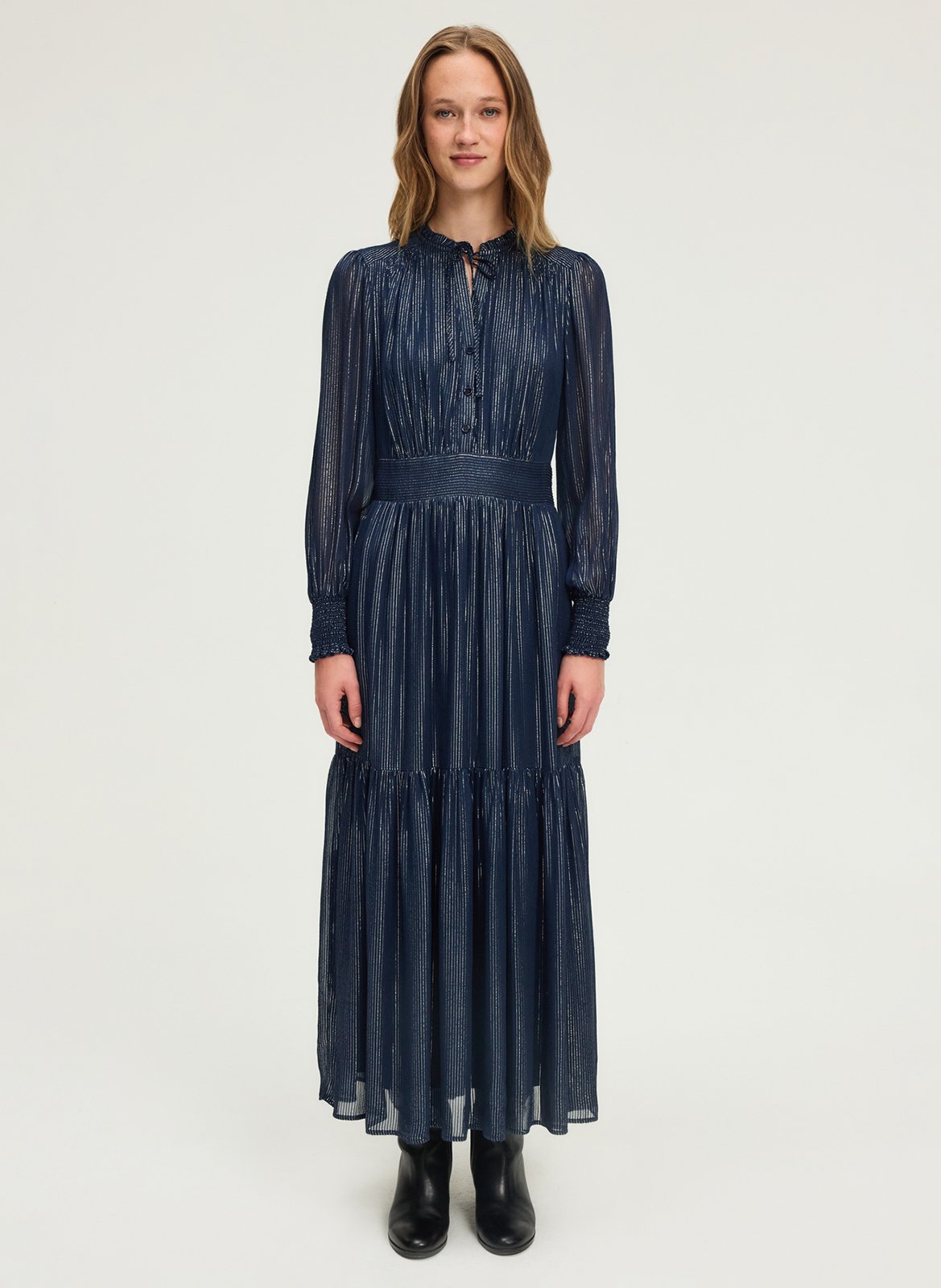Long pleated dress with round neck PABLO Blue