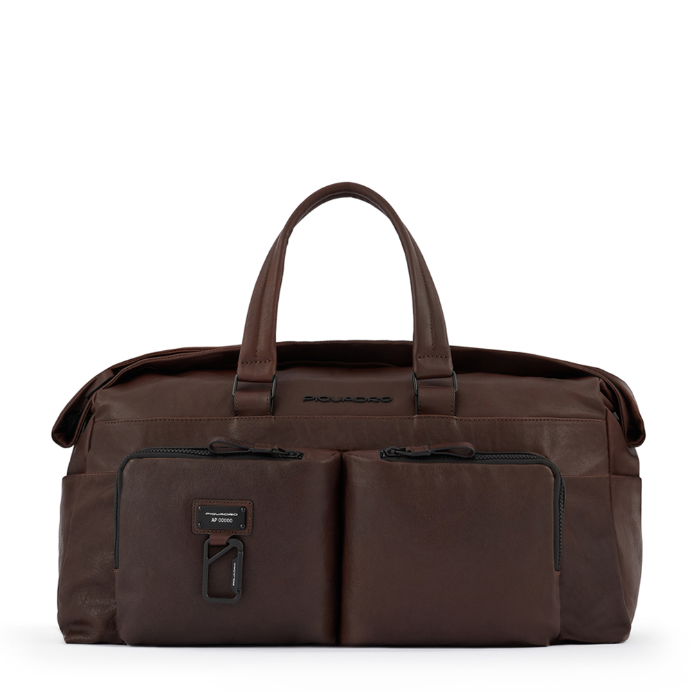 Leather travel bag with trolley strap. PIQUADRO Brown