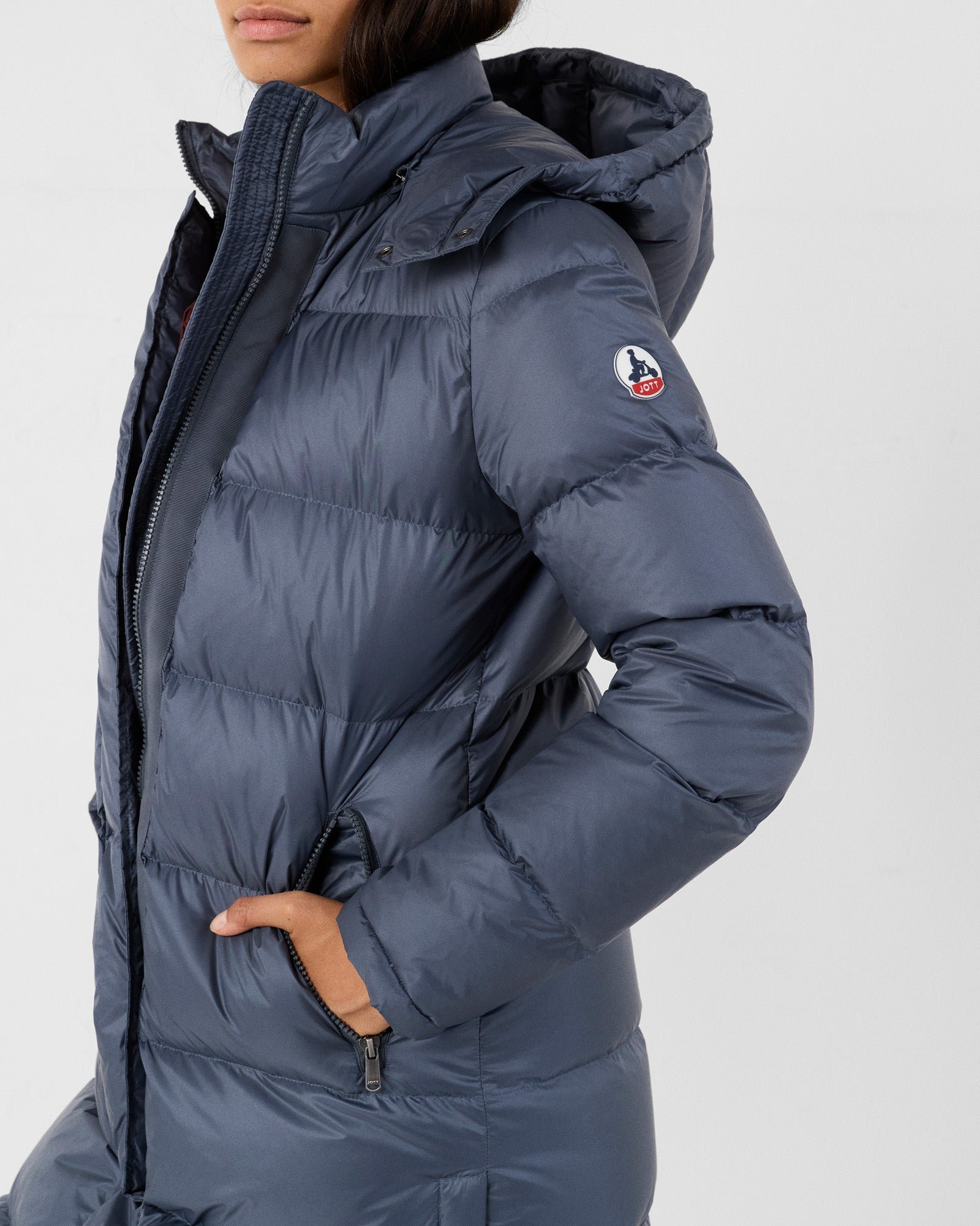 Long hooded puffer coat for extreme cold Karachi JOTT Blue
