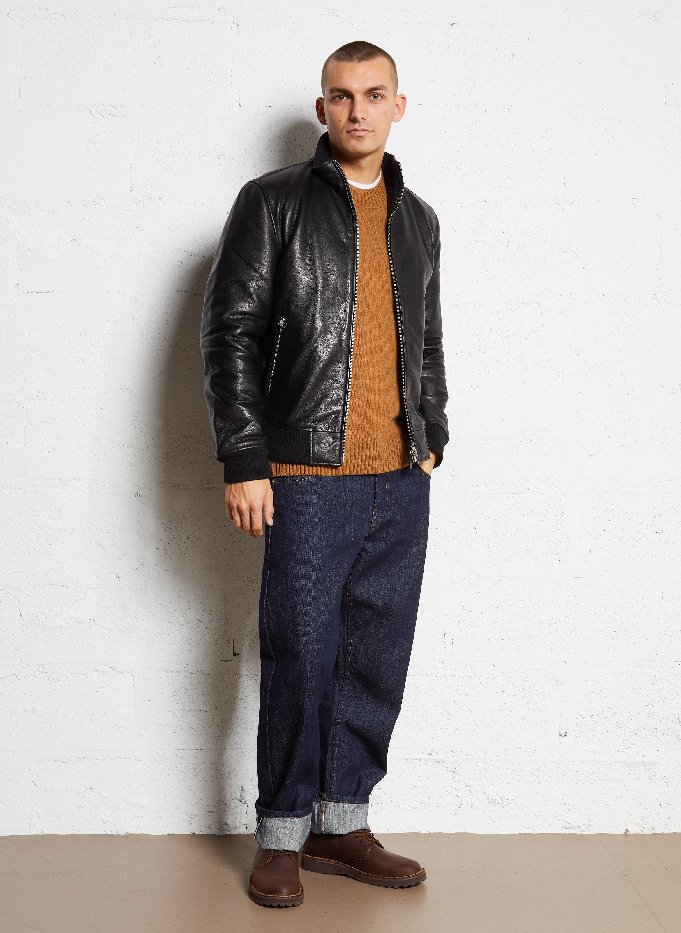 Blouson en cuir droit col montant  SCHOTT Noir