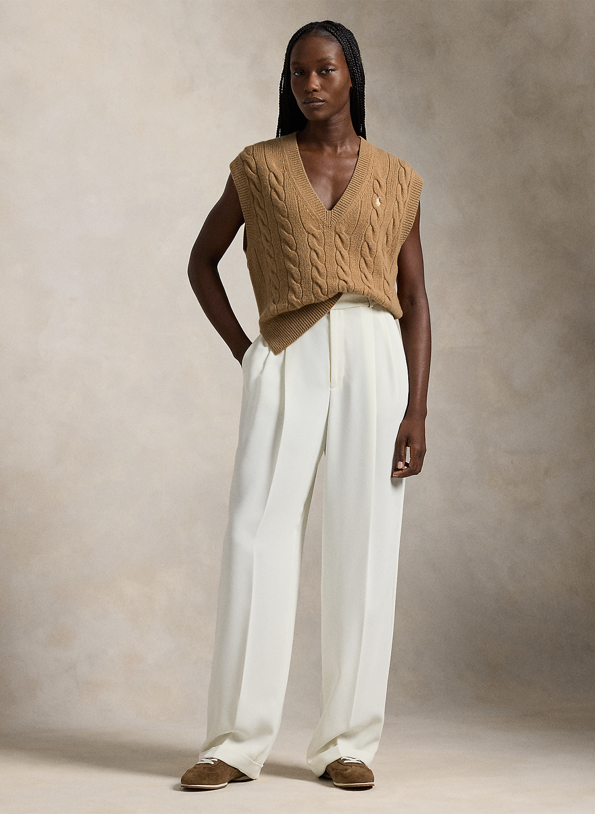 Pull droit col V en laine mélangée POLO RALPH LAUREN Beige