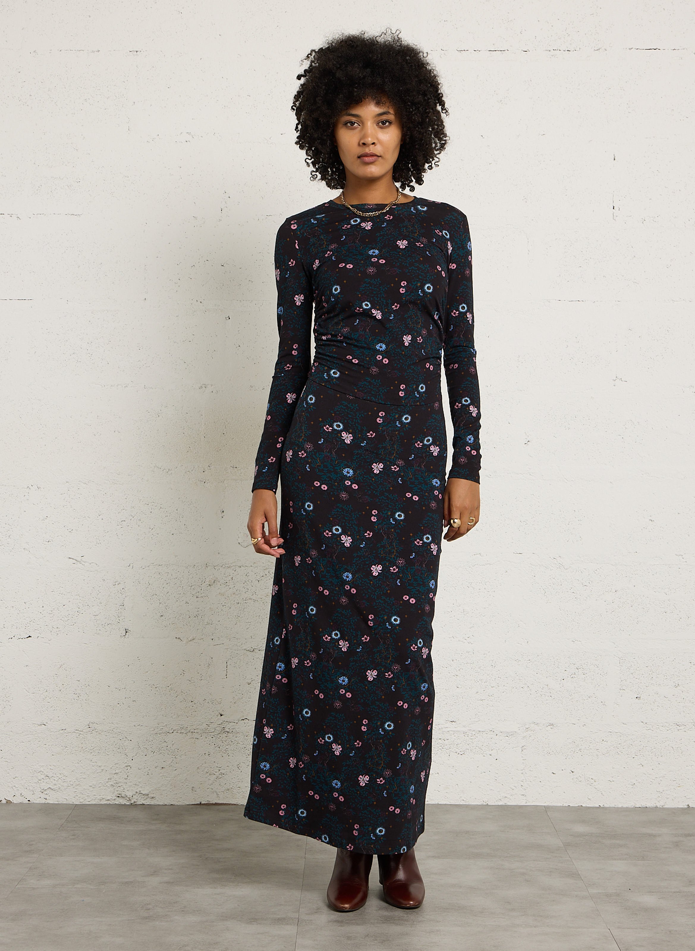 Eng anliegendes bedrucktes Baumwollmischkleid DES PETITS HAUTS Schwarz