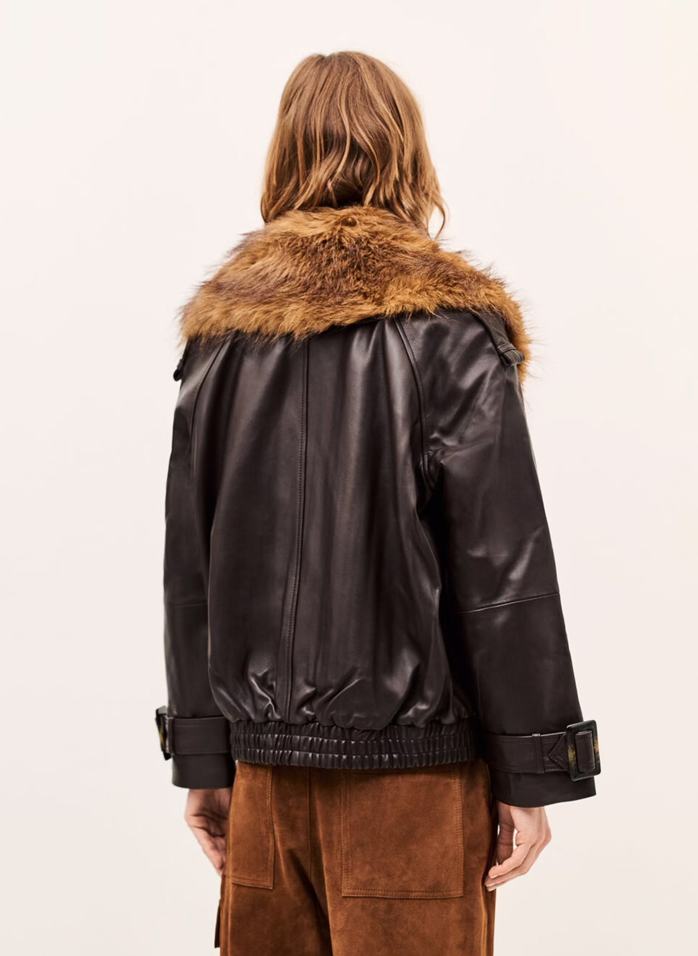 Ruime leren jas met kraag met bontlook BA&SH Bruin