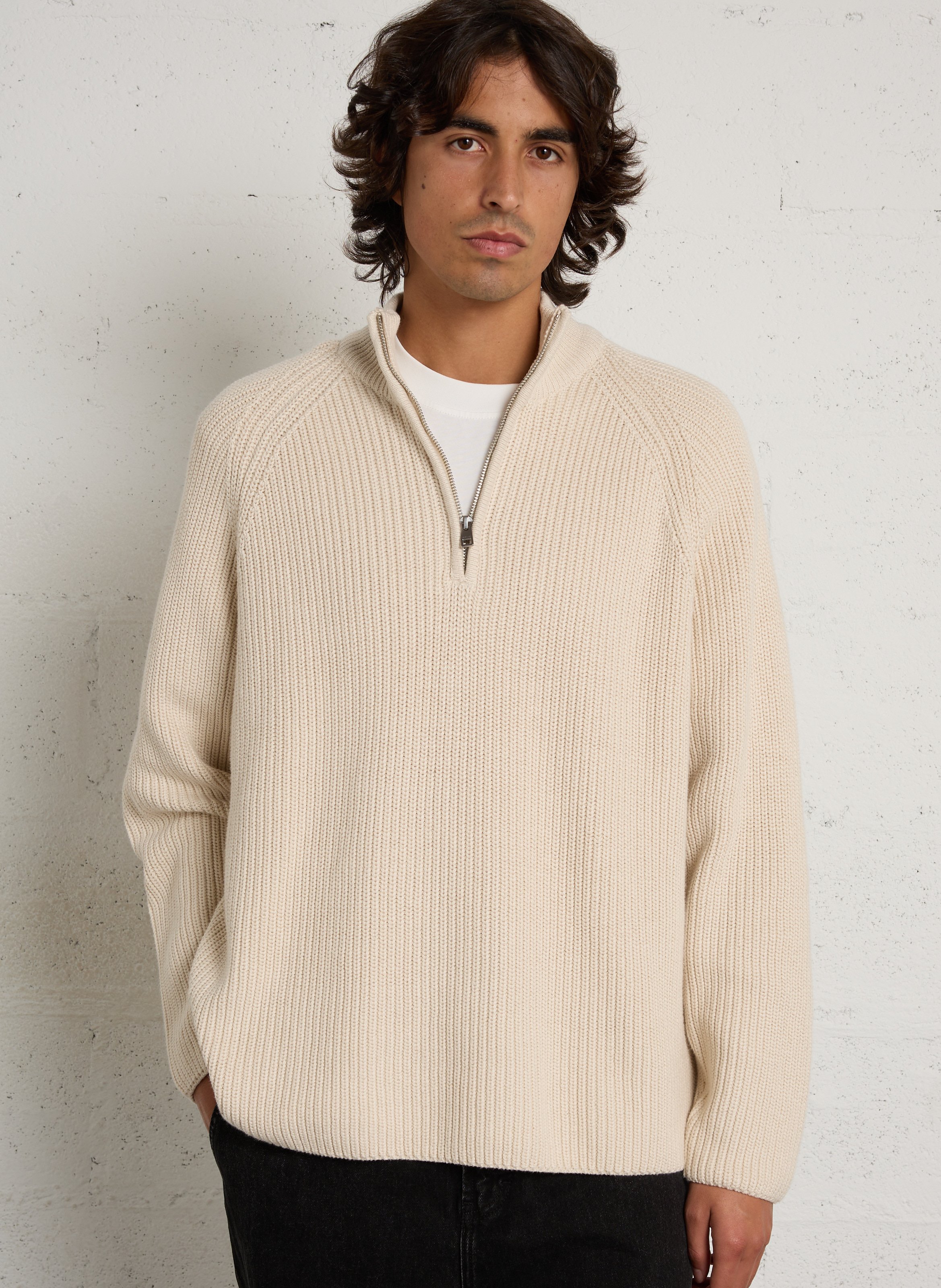 Pull ample col montant zippé en coton SOLID Beige