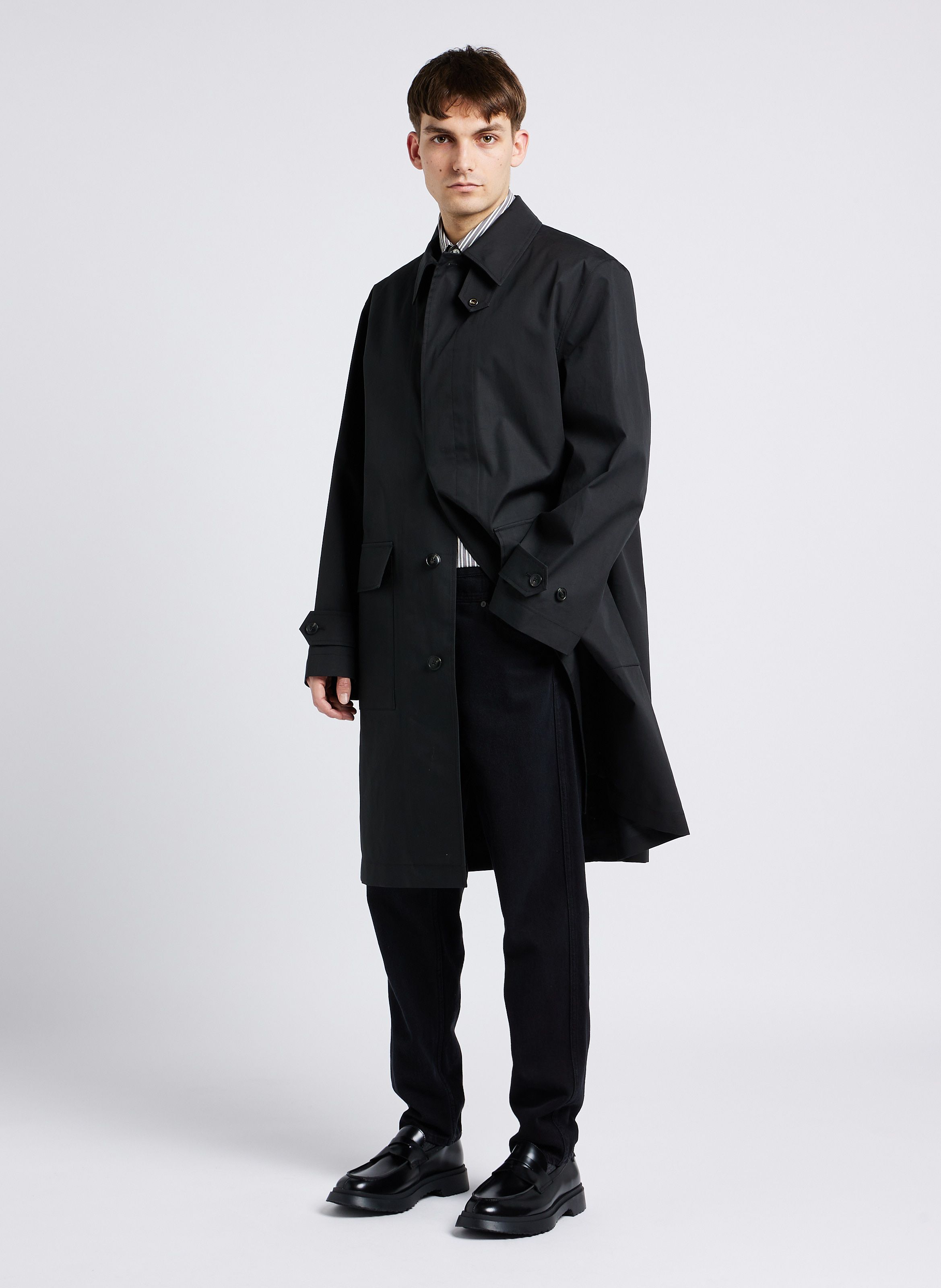 Black Straight cotton blend raincoat with classic collar