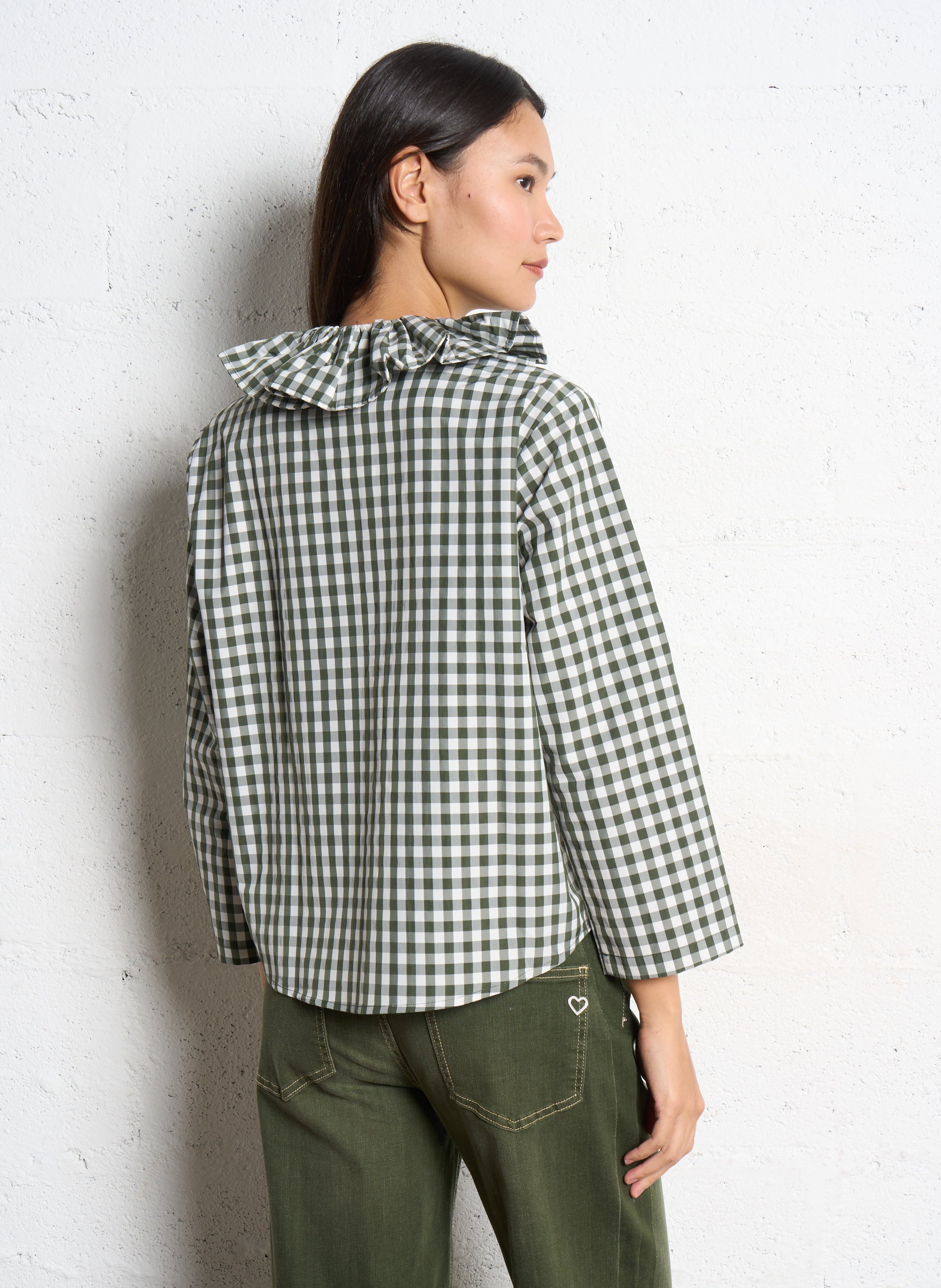 Straight-cut gingham print cotton blouse with Peter Pan collar DR BLOOM Brown
