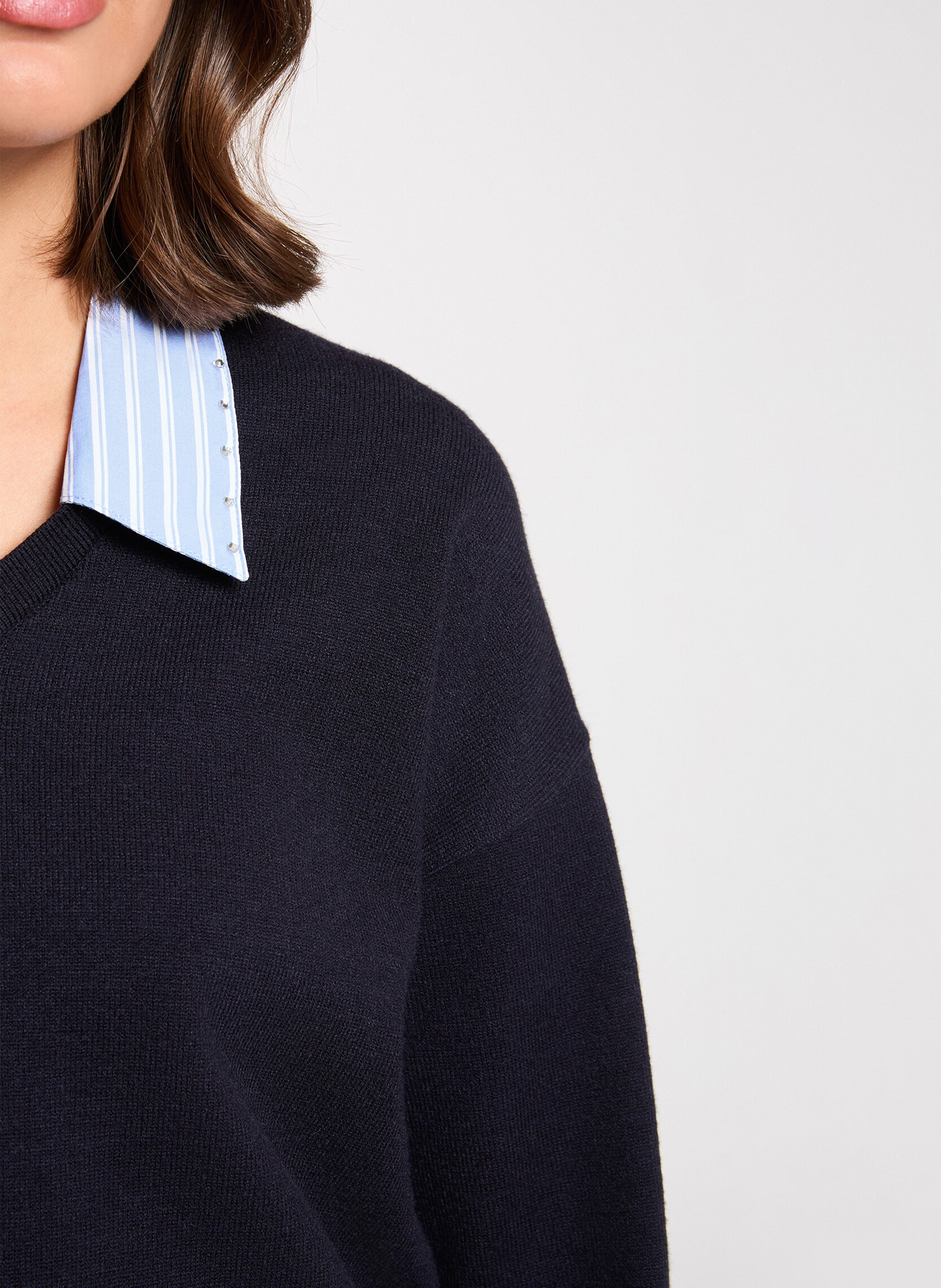 Tight-fitting solid color shirt with striped detail MORGAN Blue
