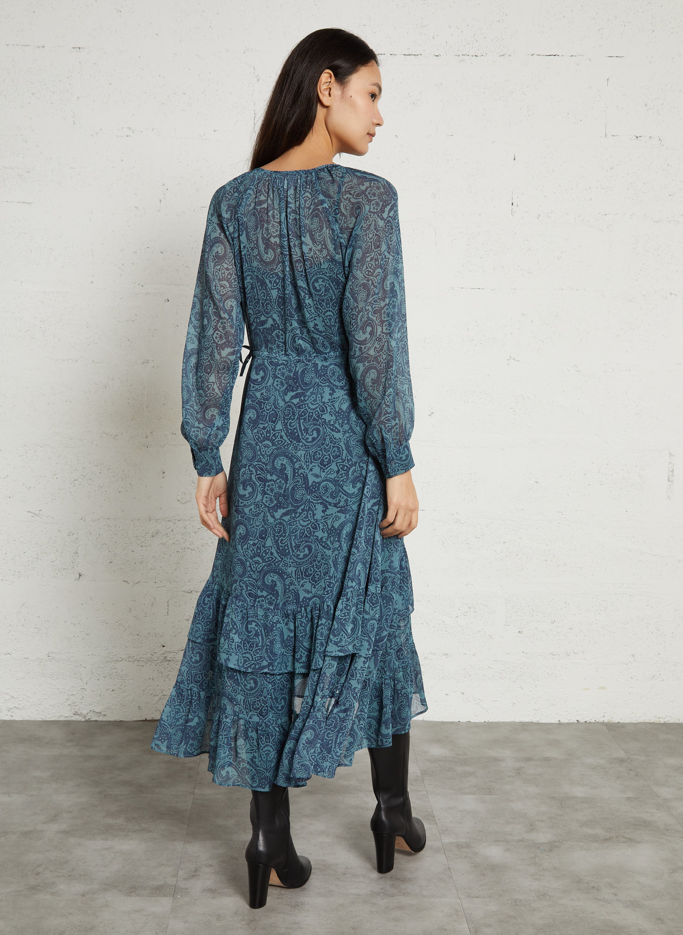 Robe longue col v imprimée  SUD EXPRESS Bleu