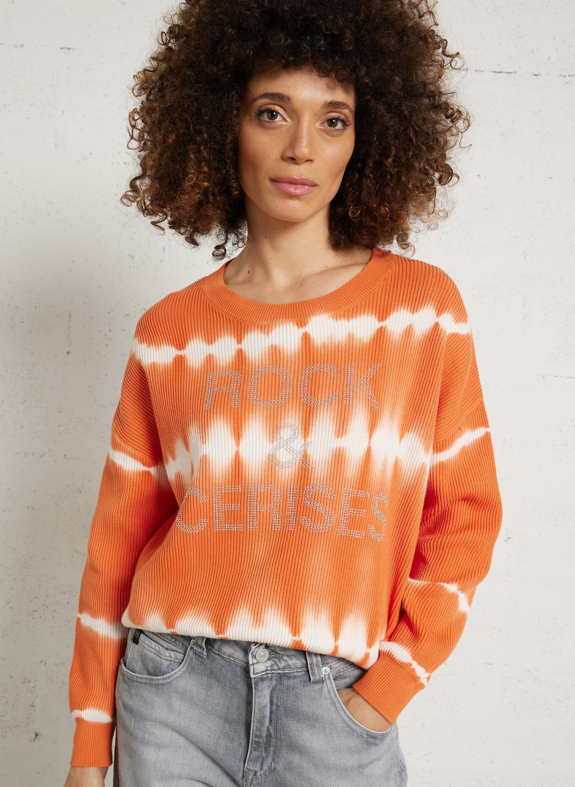 Straight-cut cotton knit sweater with diamanté LE TEMPS DES CERISES Pink