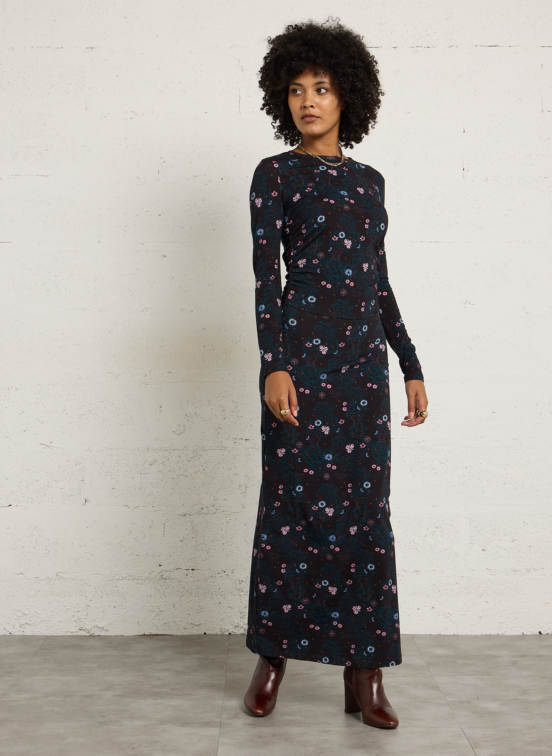 Eng anliegendes bedrucktes Baumwollmischkleid DES PETITS HAUTS Schwarz