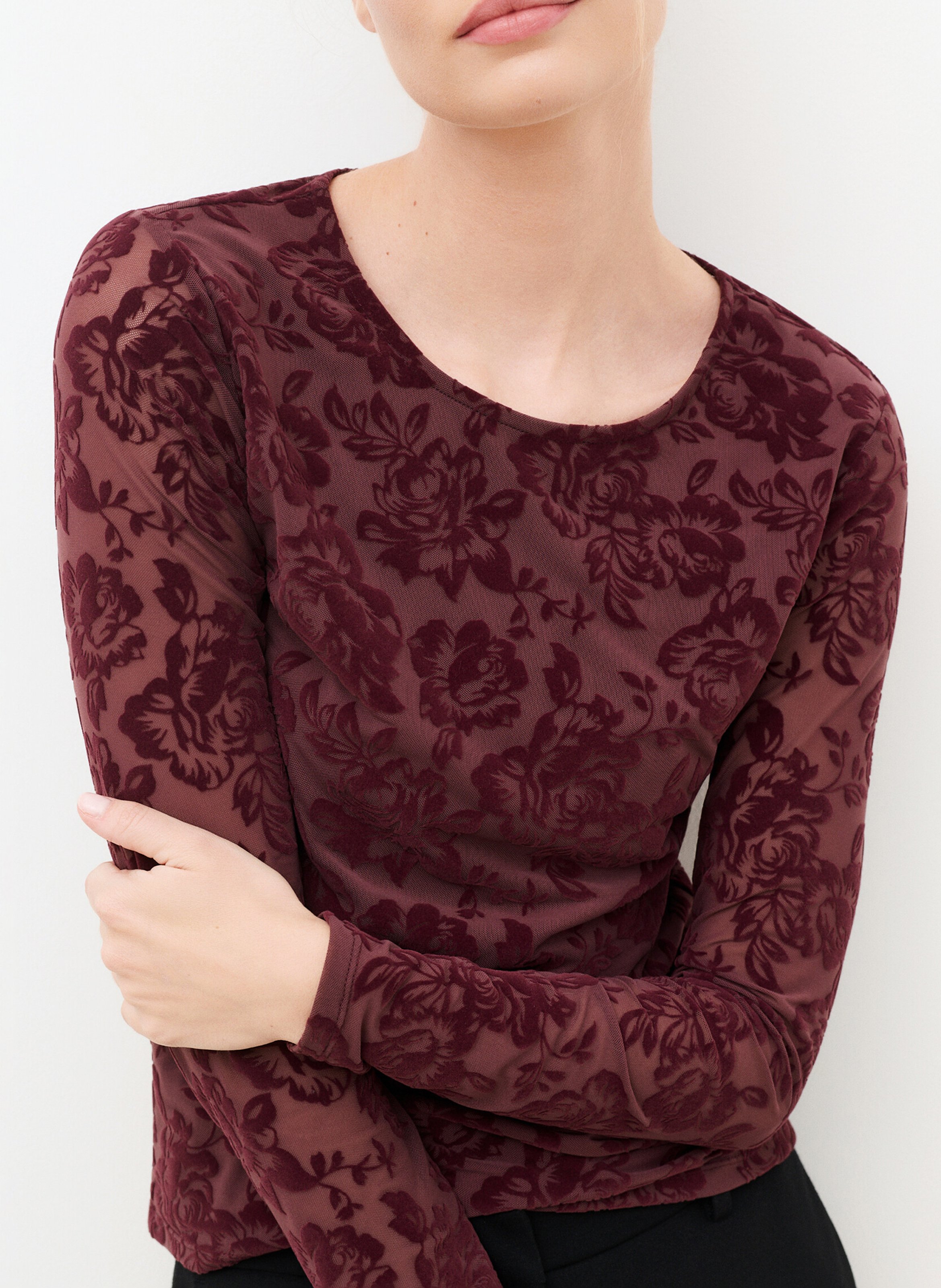 Top col rond transparent à motif CAROLL Prune