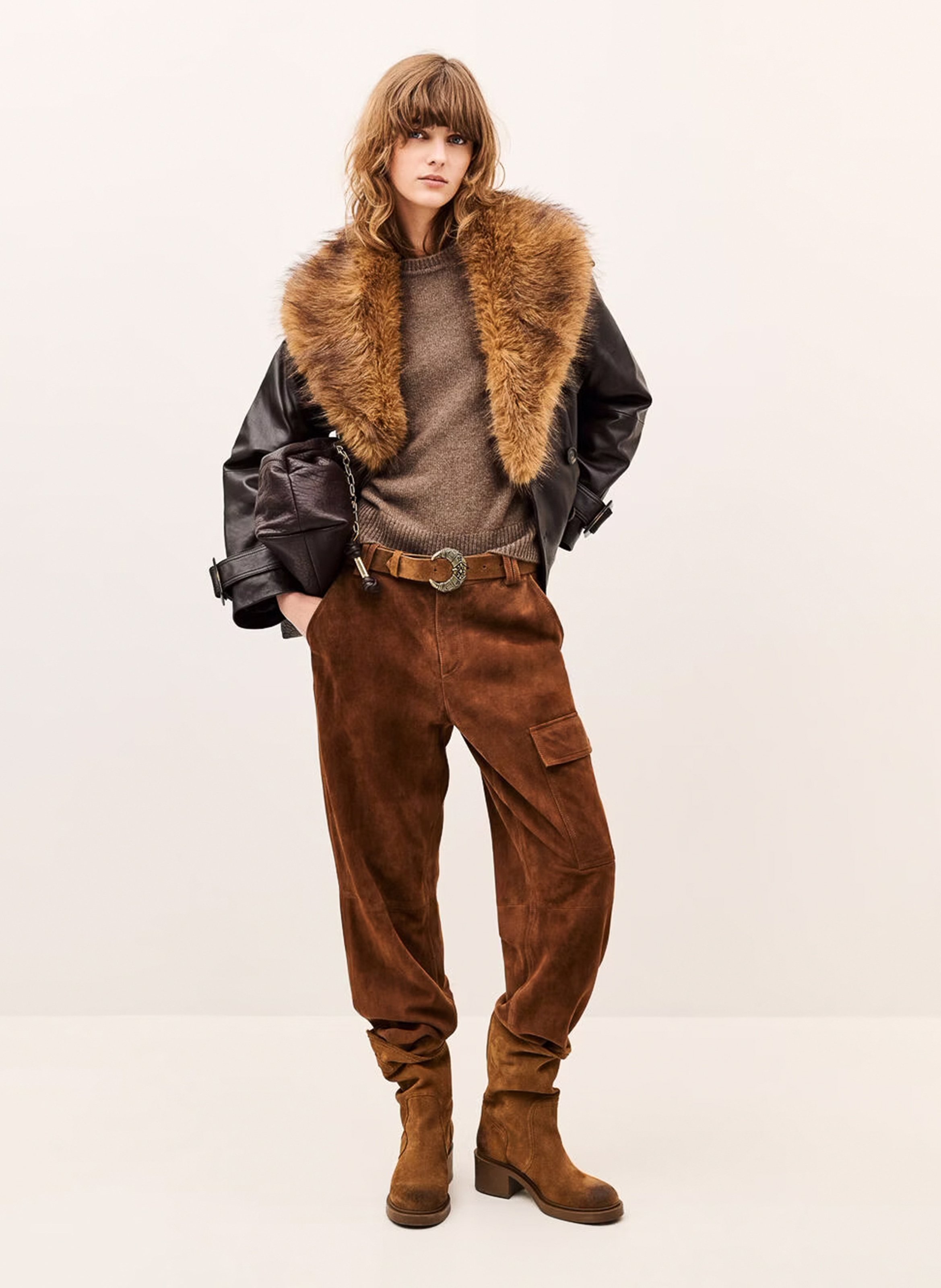 Ruime leren jas met kraag met bontlook BA&SH Bruin