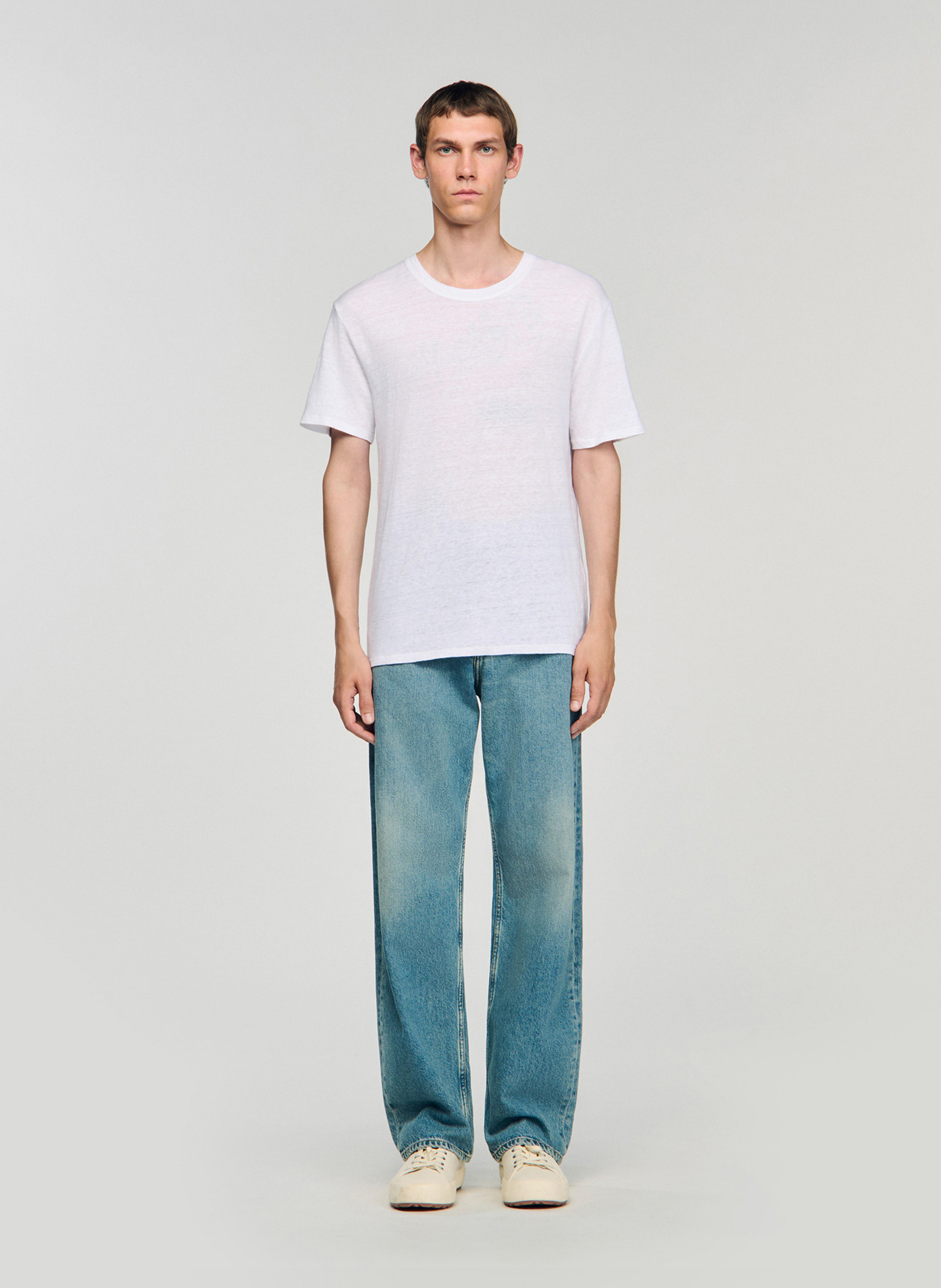 Tee-shirt col rond regular-fit en lin SANDRO Blanc