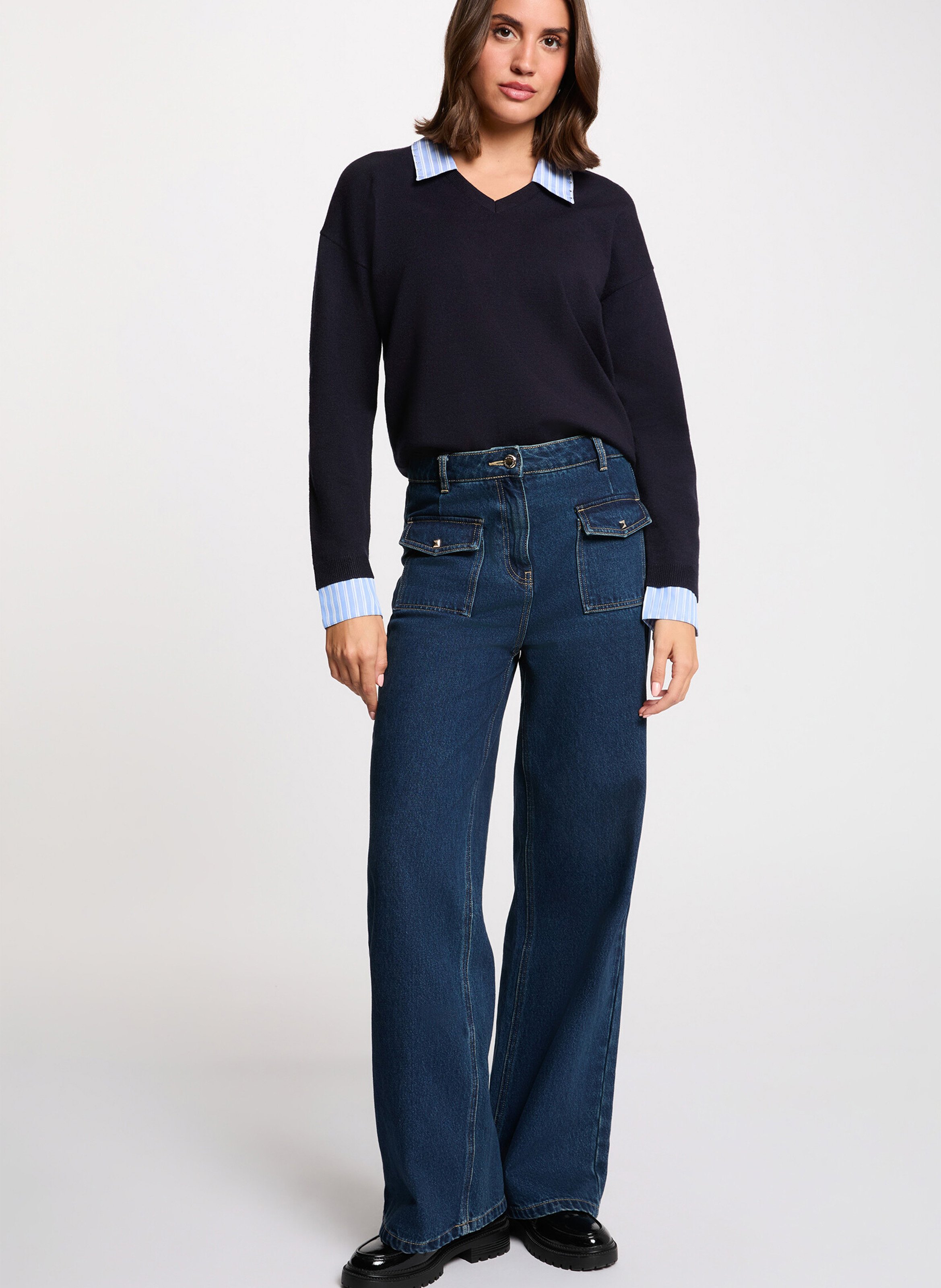 Tight-fitting solid color shirt with striped detail MORGAN Blue