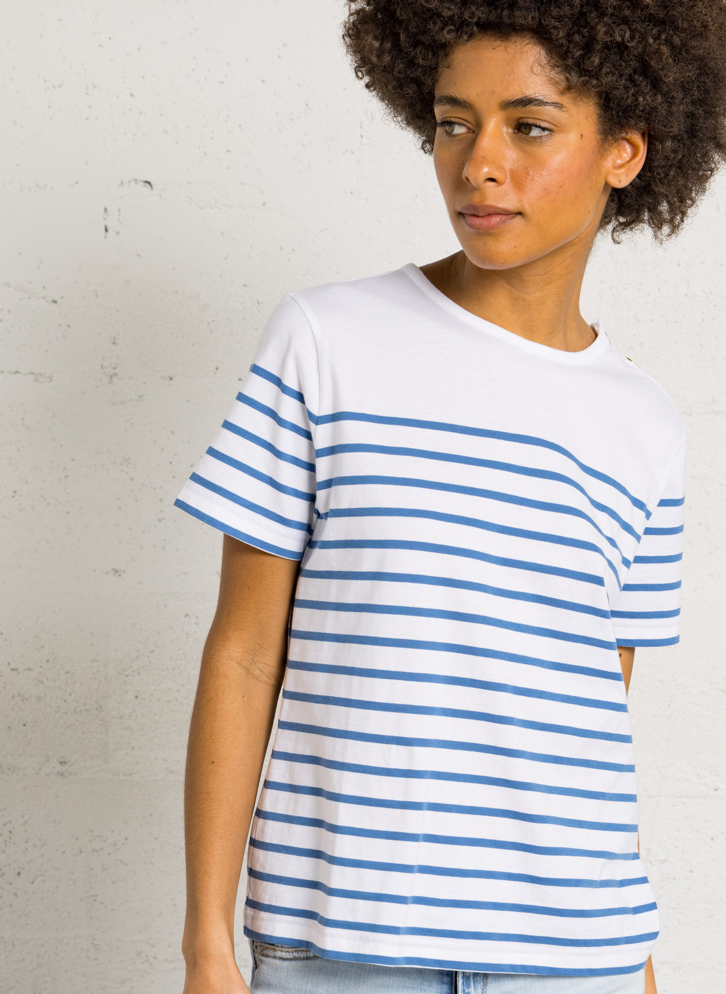 Round-neck straight cotton Breton stripe T-shirt ARMOR LUX White