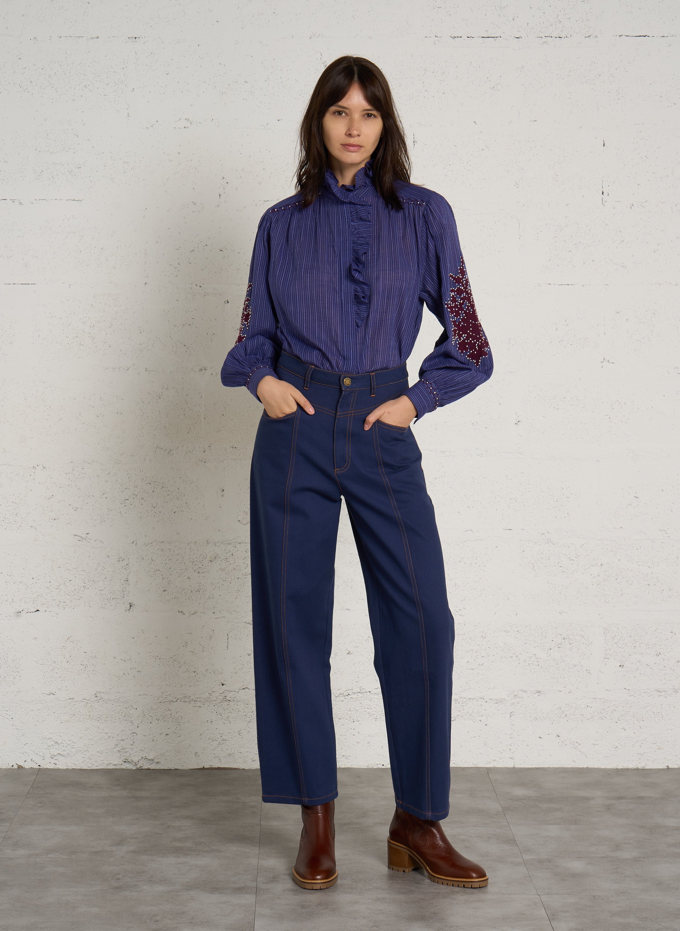 Cotton shirt with ruffled collar LOUISE MISHA Blue