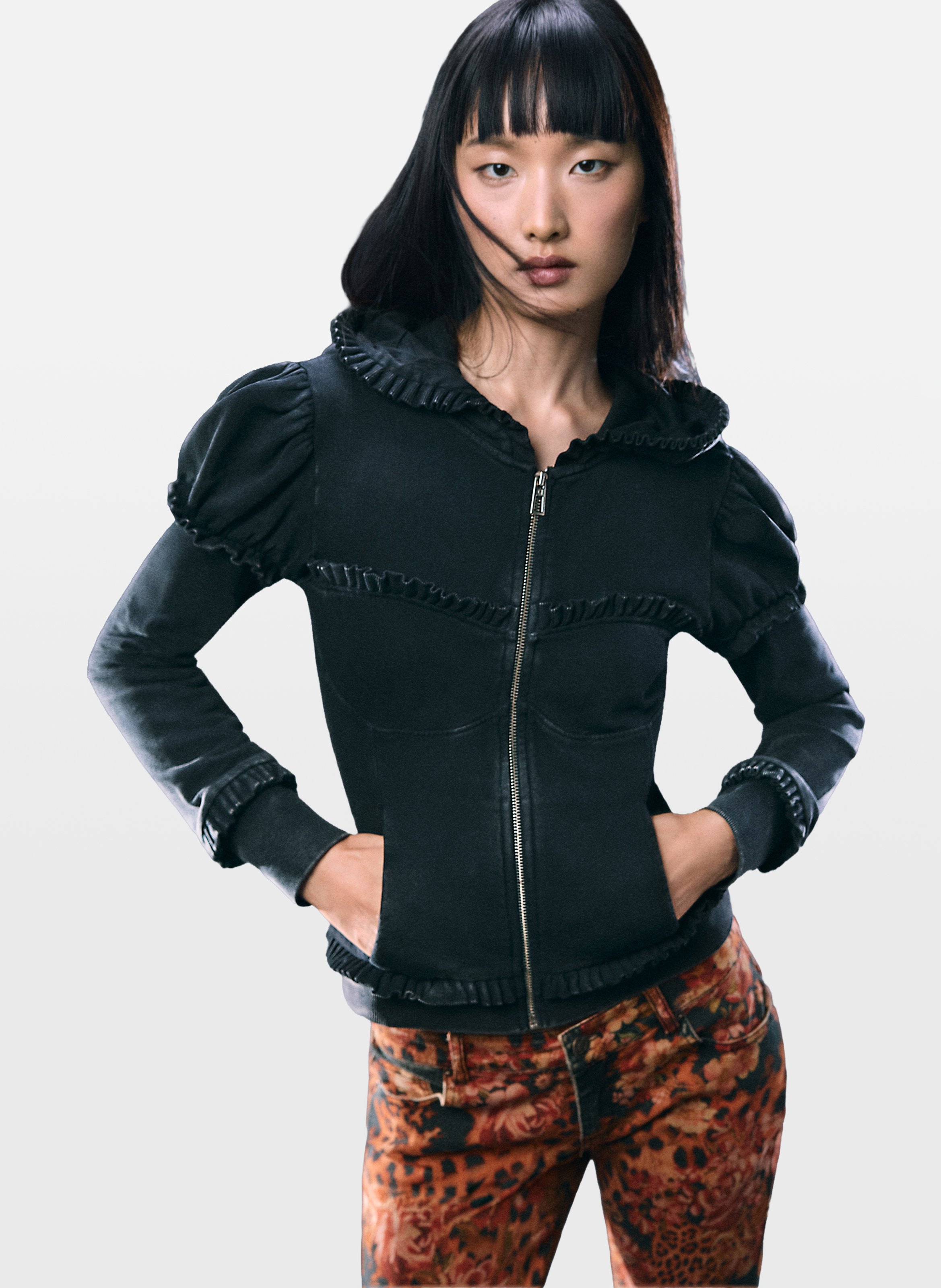 Sweat zippé avec volants uni DESIGUAL Noir