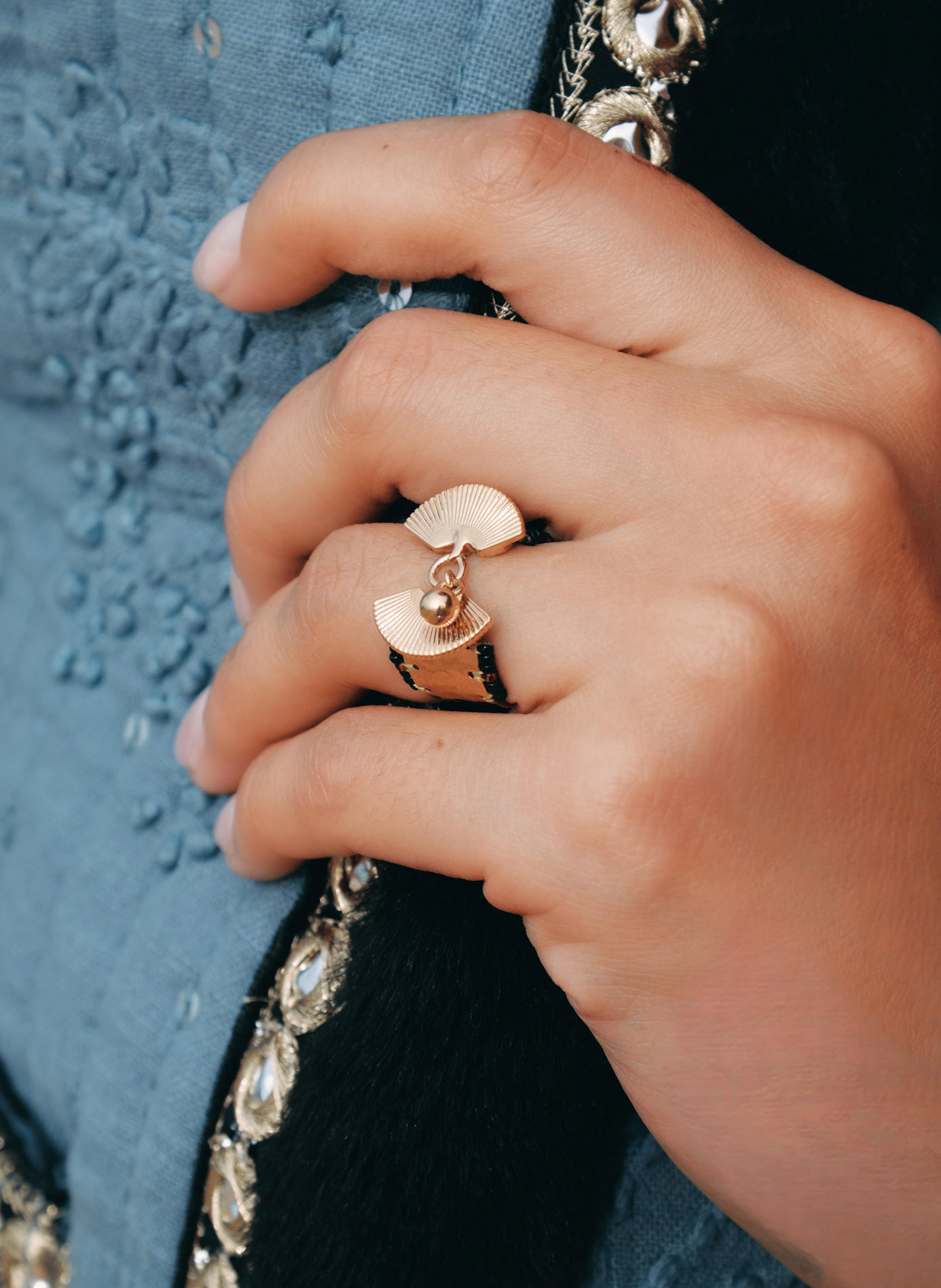 Ring with hammered central cabochon and bell HIPANEMA Golden