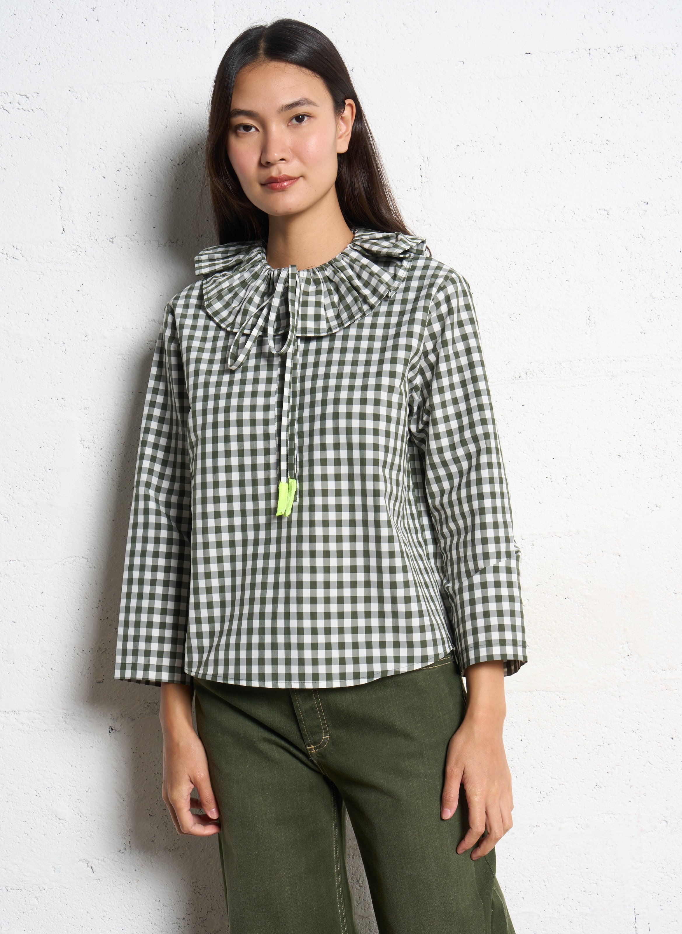Straight-cut gingham print cotton blouse with Peter Pan collar DR BLOOM Brown