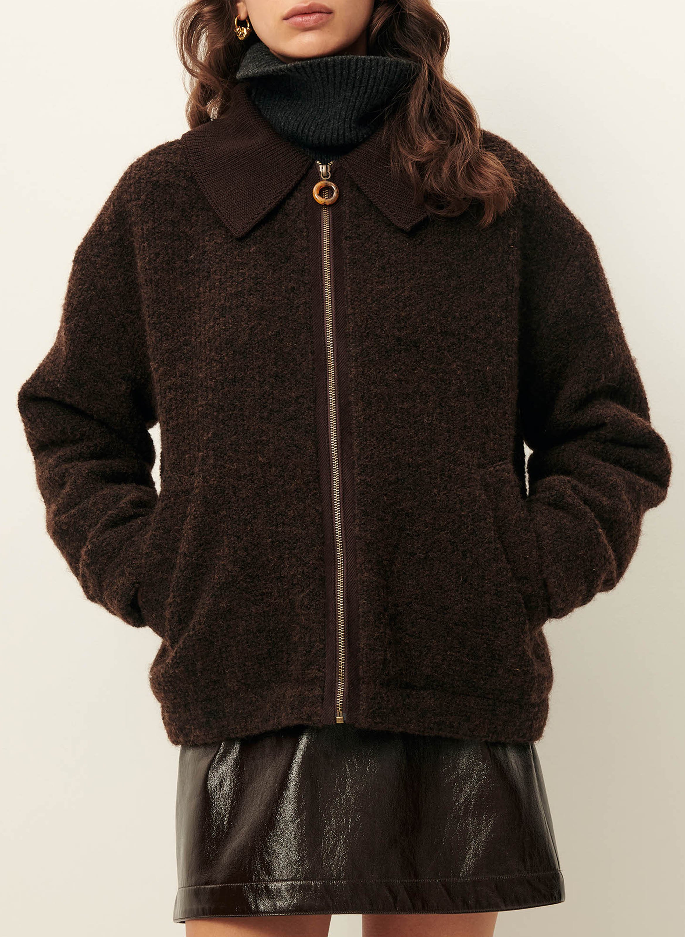 Oversize-Strickjacke mit klassischem Kragen Braun