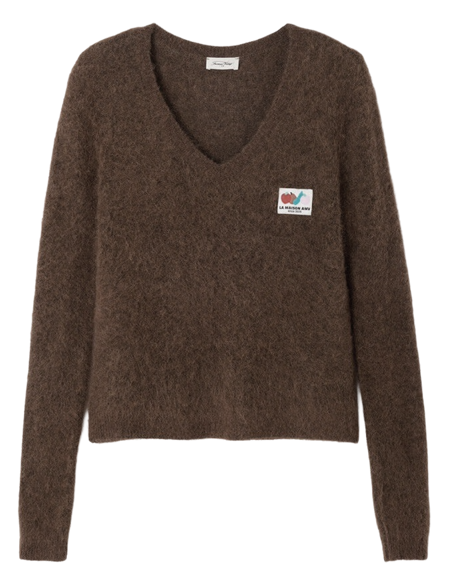 Pull col V ajusté uni en laine mélangée AMERICAN VINTAGE Marron