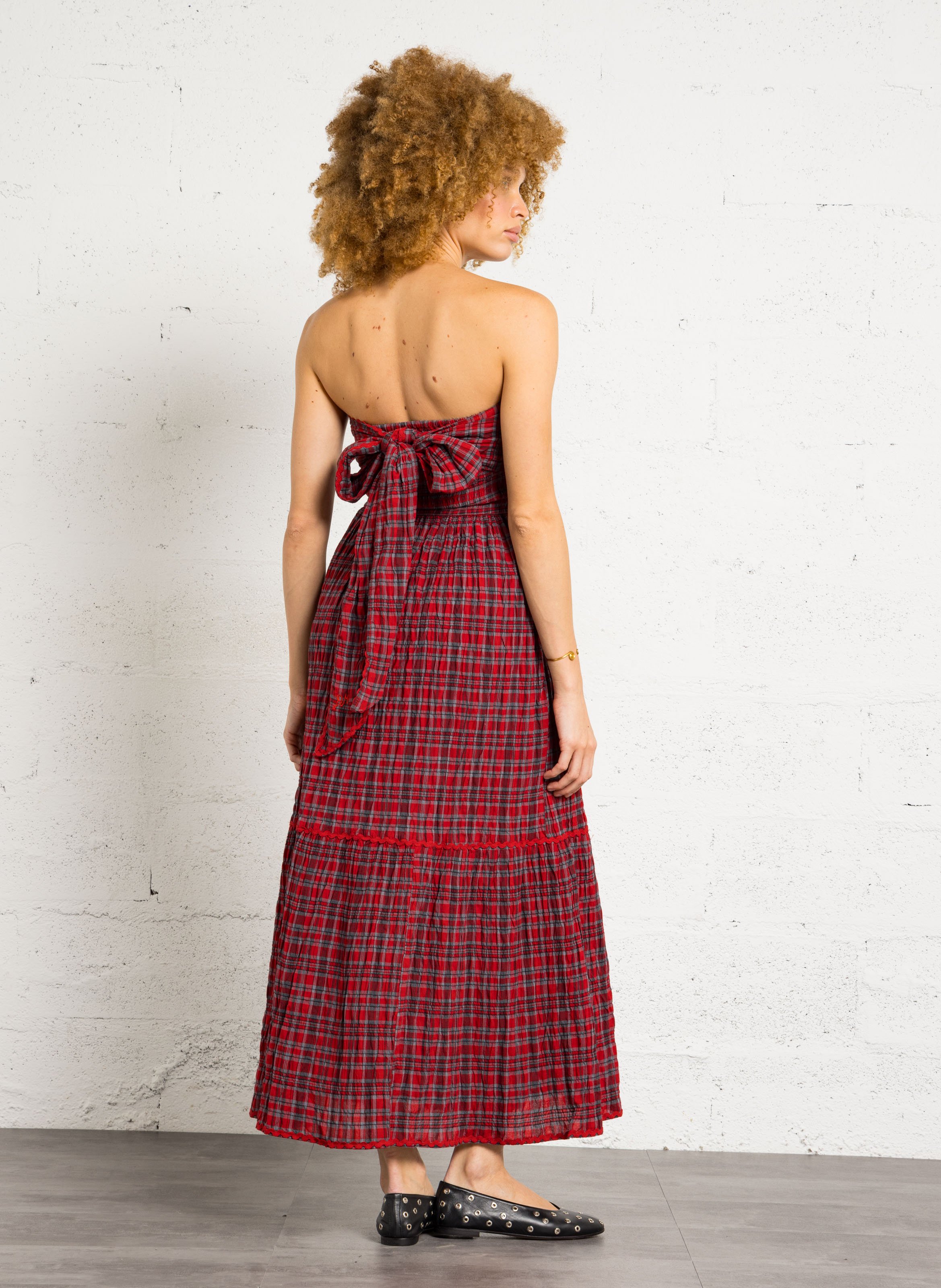 Langes kariertes Bio-Baumwollkleid DAMSON MADDER Rot