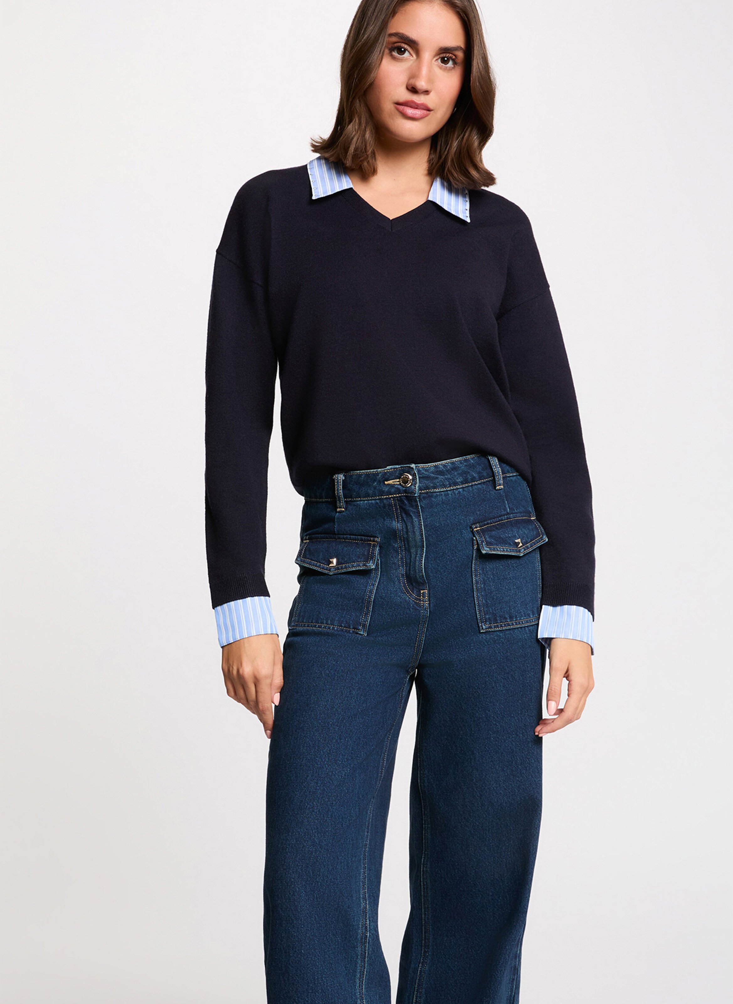 Tight-fitting solid color shirt with striped detail MORGAN Blue